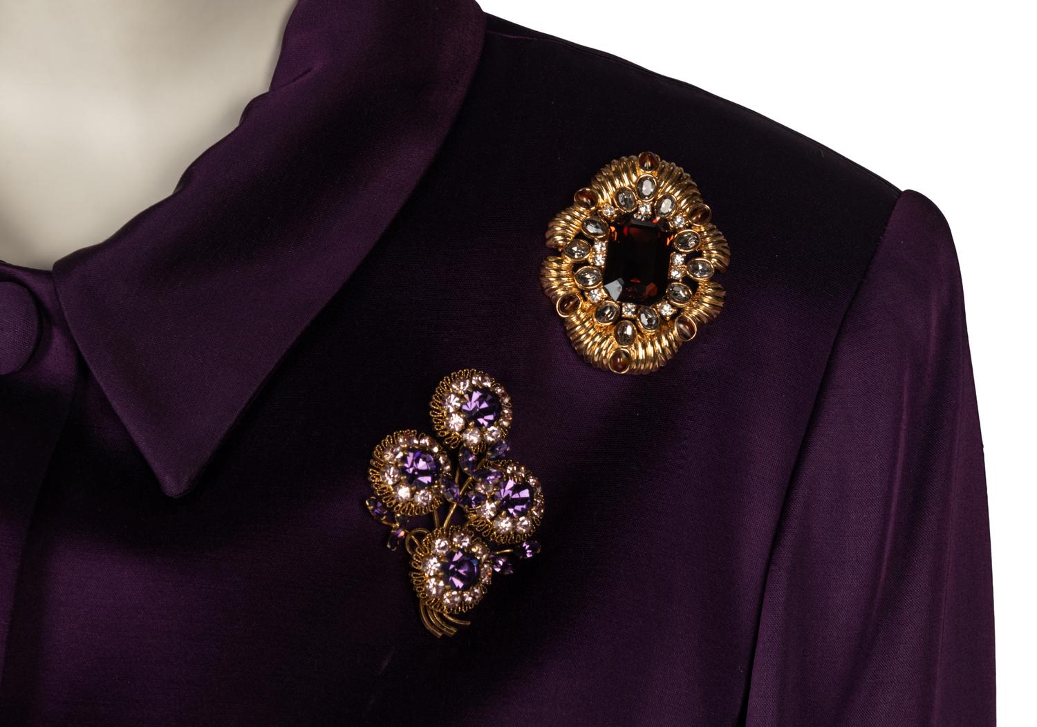 Kelly Graham for Rizik Brothers Two Piece Suit, Accompanied by Two Costume Brooches