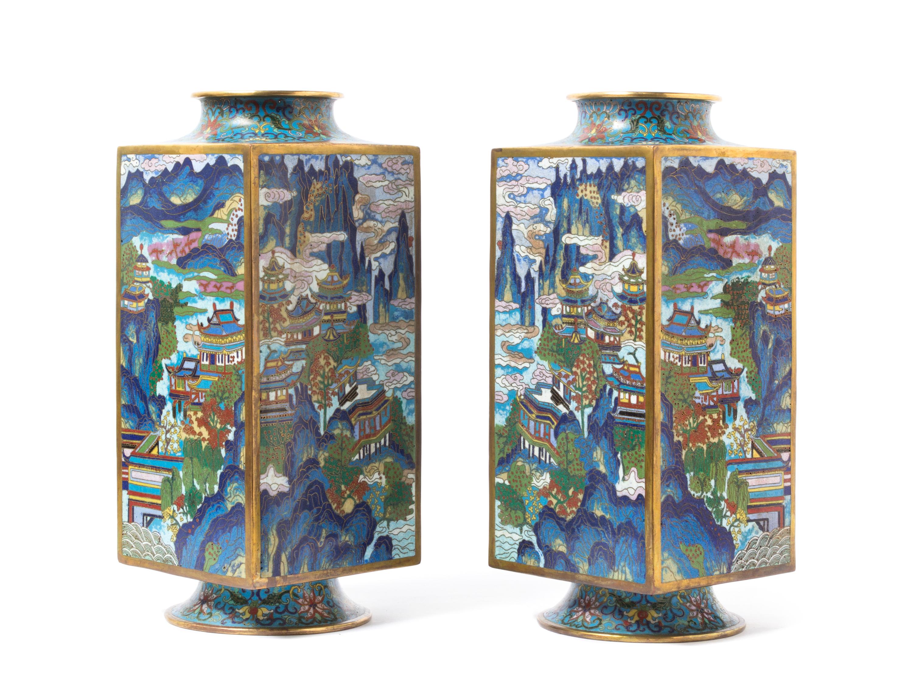 A Rare Pair of Chinese Cloisonne Enamel Square Vases Cong QIANLONG PERIOD Height 12 1/2 inches. — QIANLONG PERIOD
