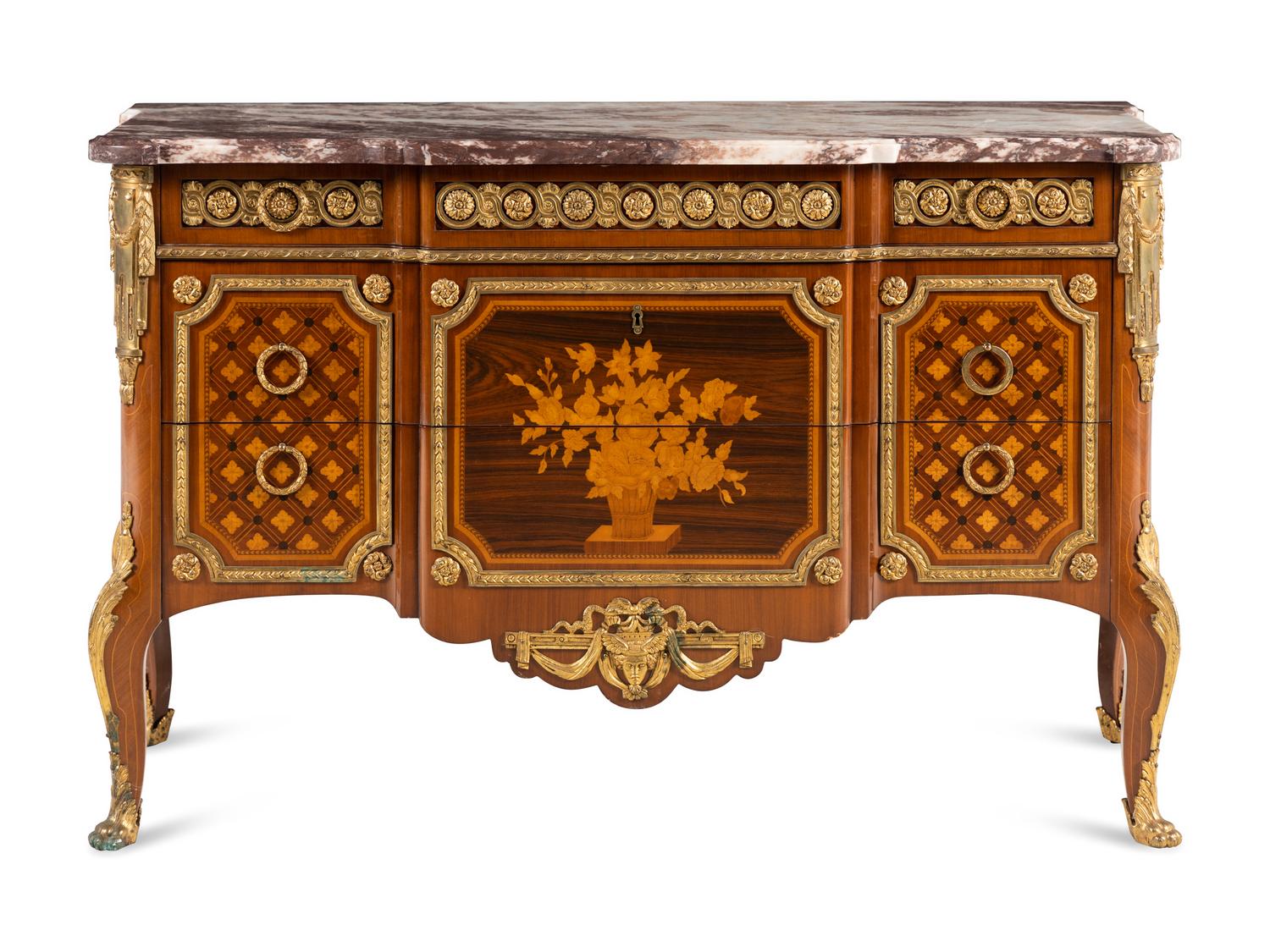 A Louis XVI Style Marquetry Marble-Top Commode