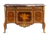 A Louis XVI Style Marquetry Marble-Top Commode