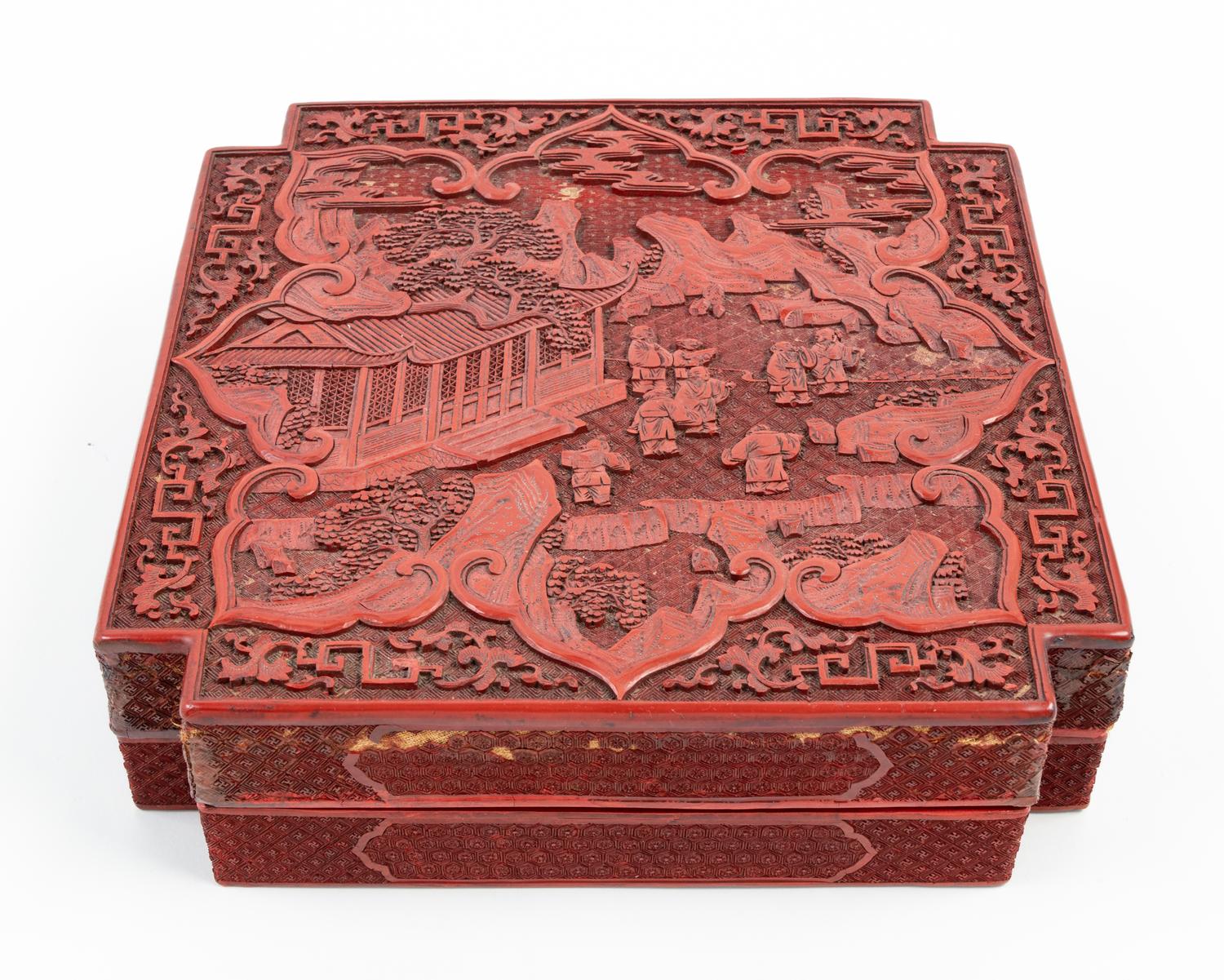 A Large Chinese Cinnabar Lacquer Square Box and Cover
