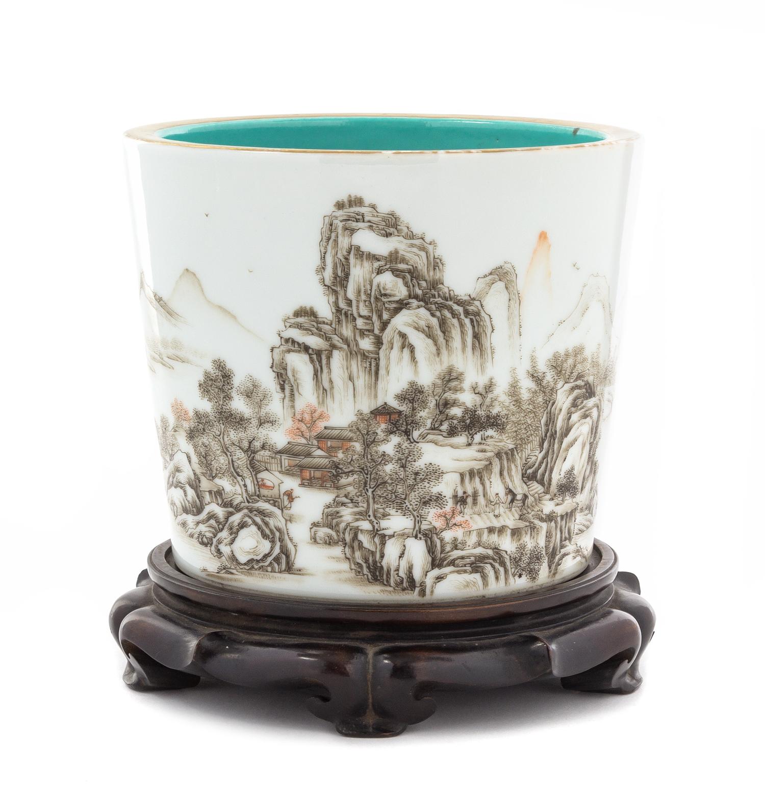 A Qianjiang Enameled Porcelain Brush Pot POSSIBLY REPUBLIC PERIOD Height of pot 4 5/8 x diameter 5 3/8 inches. — POSSIBLY REPUBLIC PERIOD