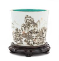 A Qianjiang Enameled Porcelain Brush Pot POSSIBLY REPUBLIC PERIOD Height of pot 4 5/8 x diameter 5 3/8 inches. — POSSIBLY REPUBLIC PERIOD