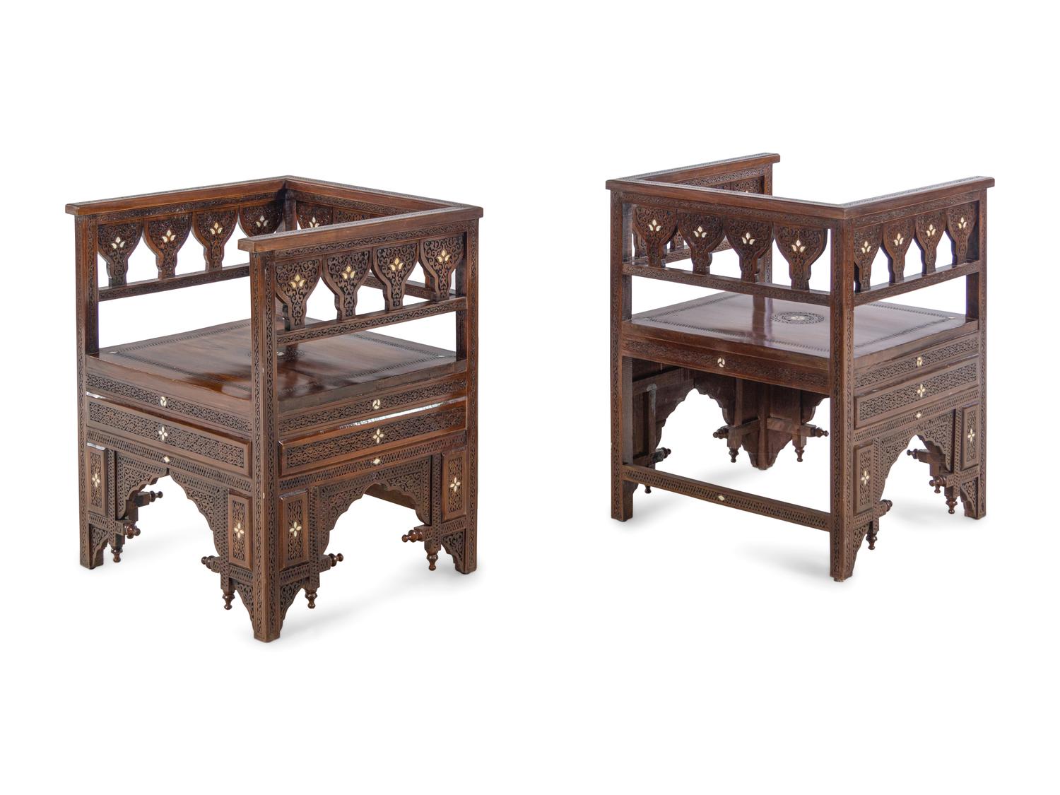 A Pair of Syrian Mother-of-Pearl Inlaid Carved Walnut Chairs