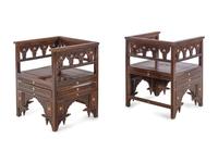 A Pair of Syrian Mother-of-Pearl Inlaid Carved Walnut Chairs