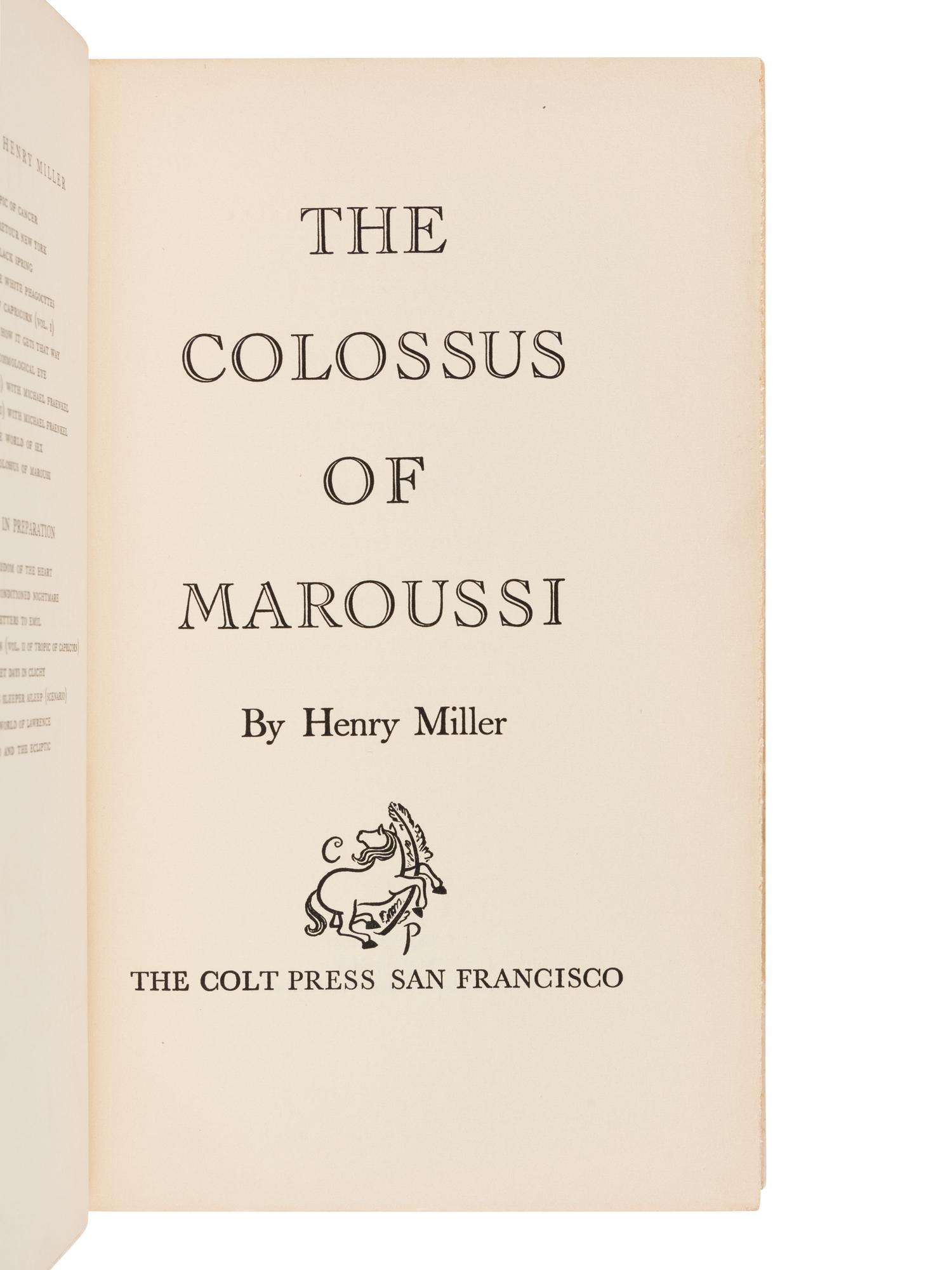 [COLT PRESS]. MILLER, Henry (1891-1980). The Colossus of Maroussi . San Francisco: The Colt Press, 1941.