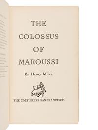 [COLT PRESS]. MILLER, Henry (1891-1980). The Colossus of Maroussi . San Francisco: The Colt Press, 1941.