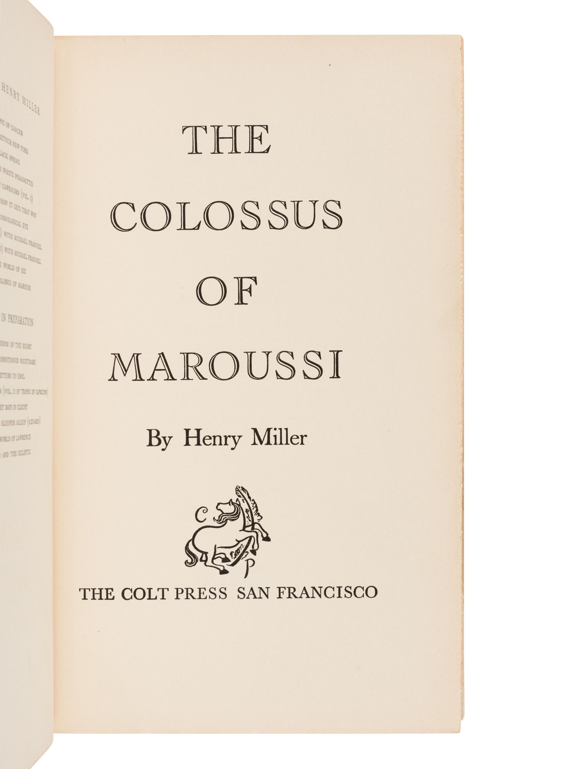 [COLT PRESS]. MILLER, Henry (1891-1980). The Colossus of Maroussi . San Francisco: The Colt Press, 1941.