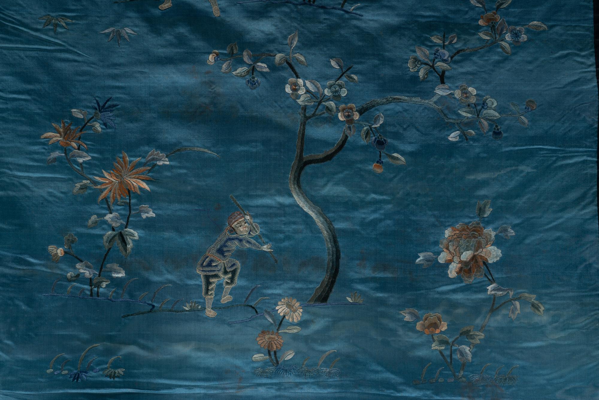 Two Chinese Blue Embroidered Silk Hanging Panels