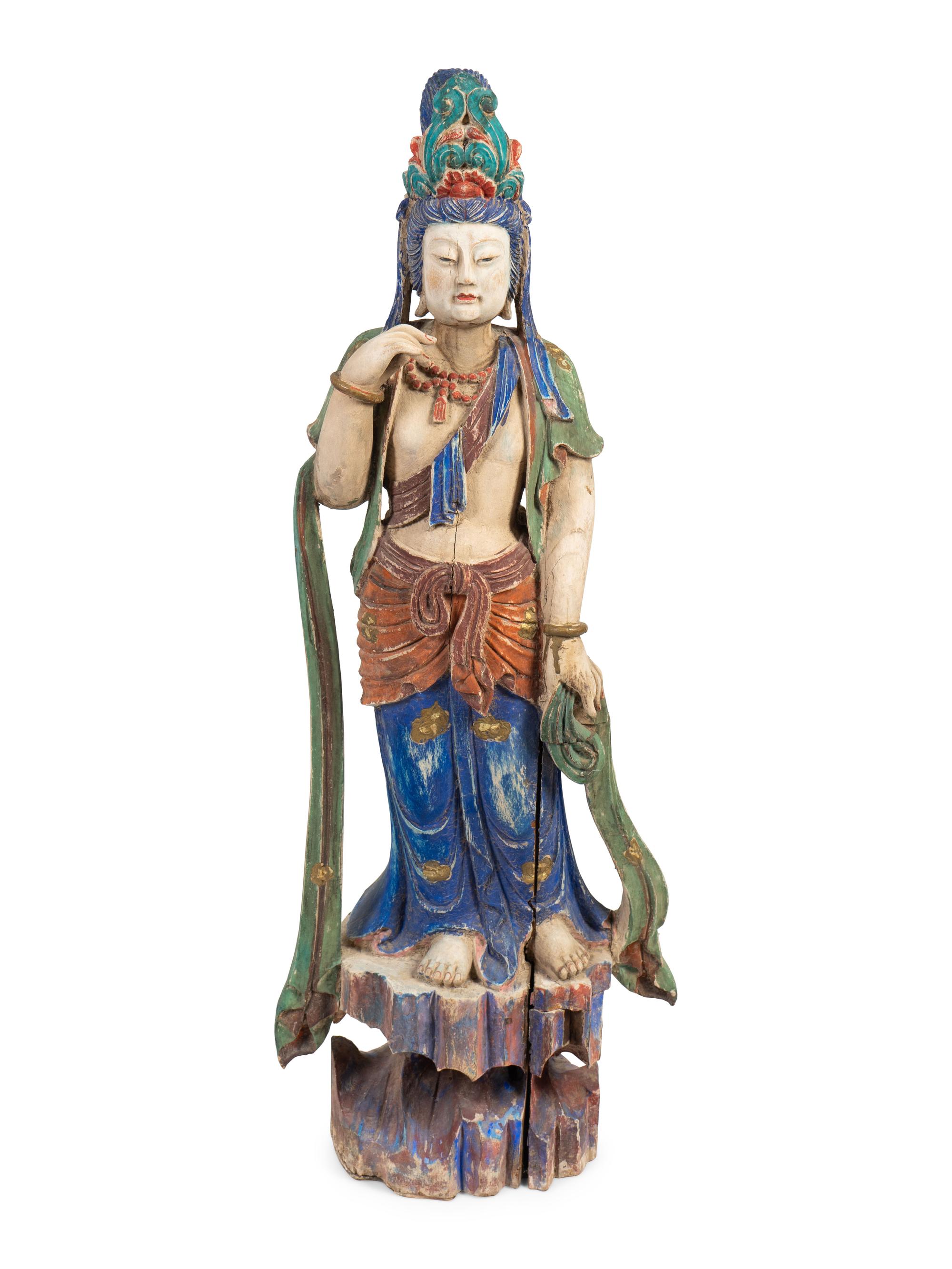 A Chinese Polychrome and Carved Wood Figure of a Guanyin — 20TH CENTURY