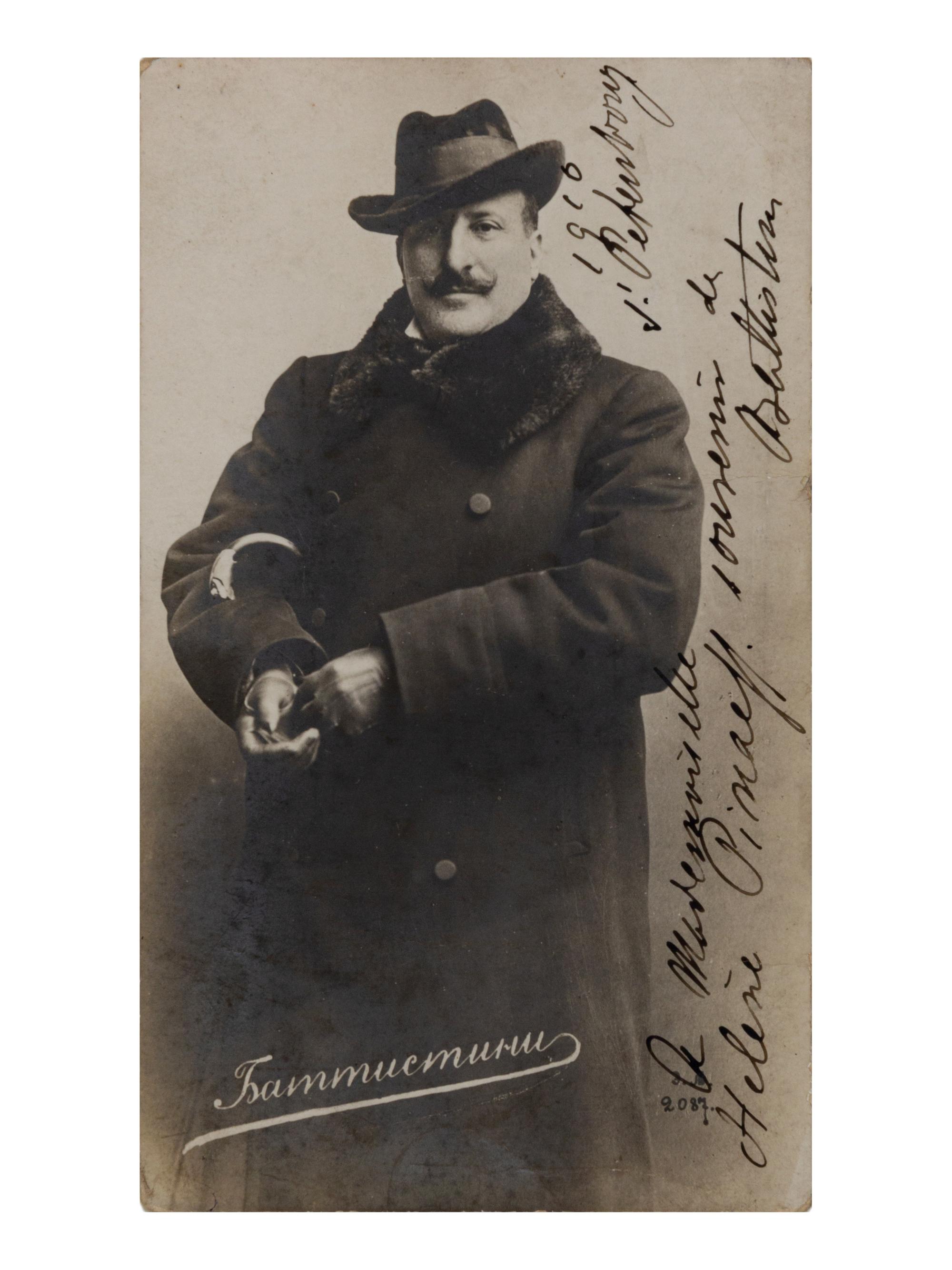 BATTISTINI, Mattia (1856-1928). Photographic postcard signed (“Battistini”) and additionally inscribed to Helene Pinaeff, St. Petersburg, 1910.