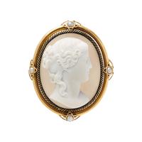 FRENCH, ANTIQUE, AGATE CAMEO, PEARL AND ENAMEL BROOCH