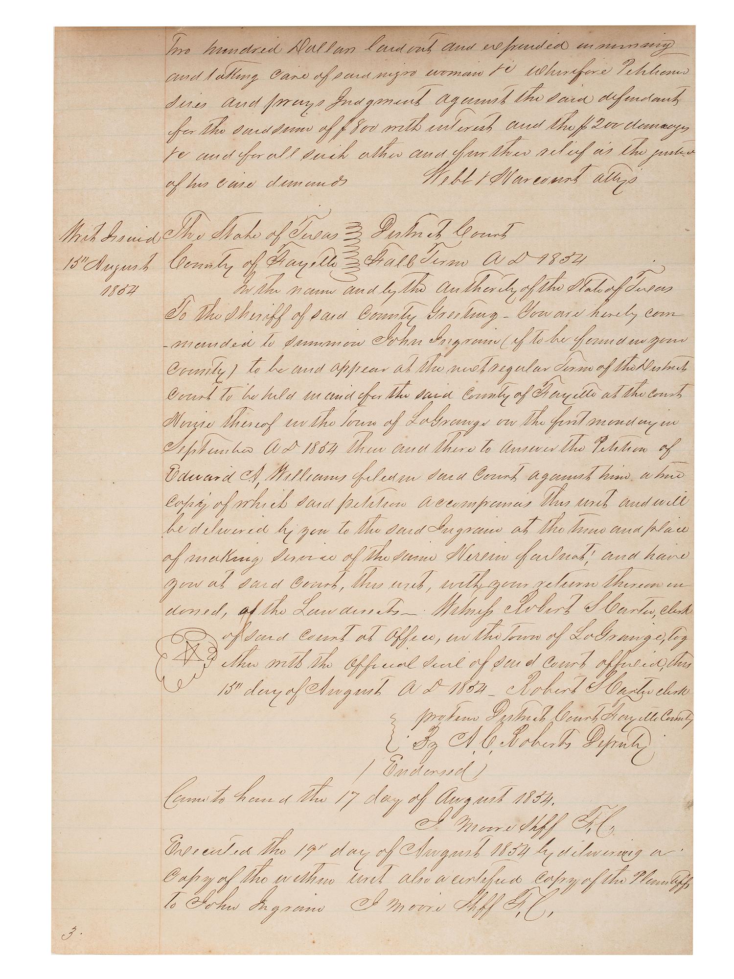 [SLAVERY & ABOLITION]. Manuscript court document related to the sale of an enslaved woman named "Frances," Fayette County, TX, 1857.