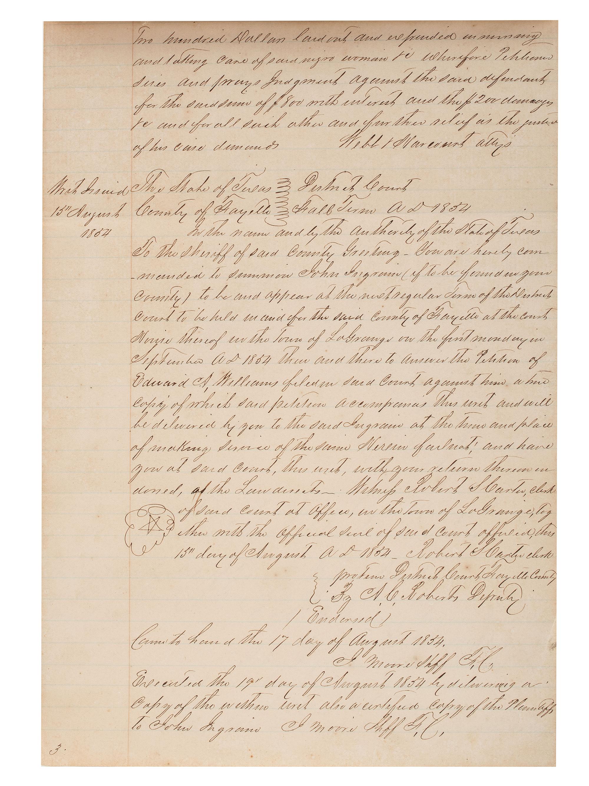 [SLAVERY & ABOLITION]. Manuscript court document related to the sale of an enslaved woman named "Frances," Fayette County, TX, 1857.