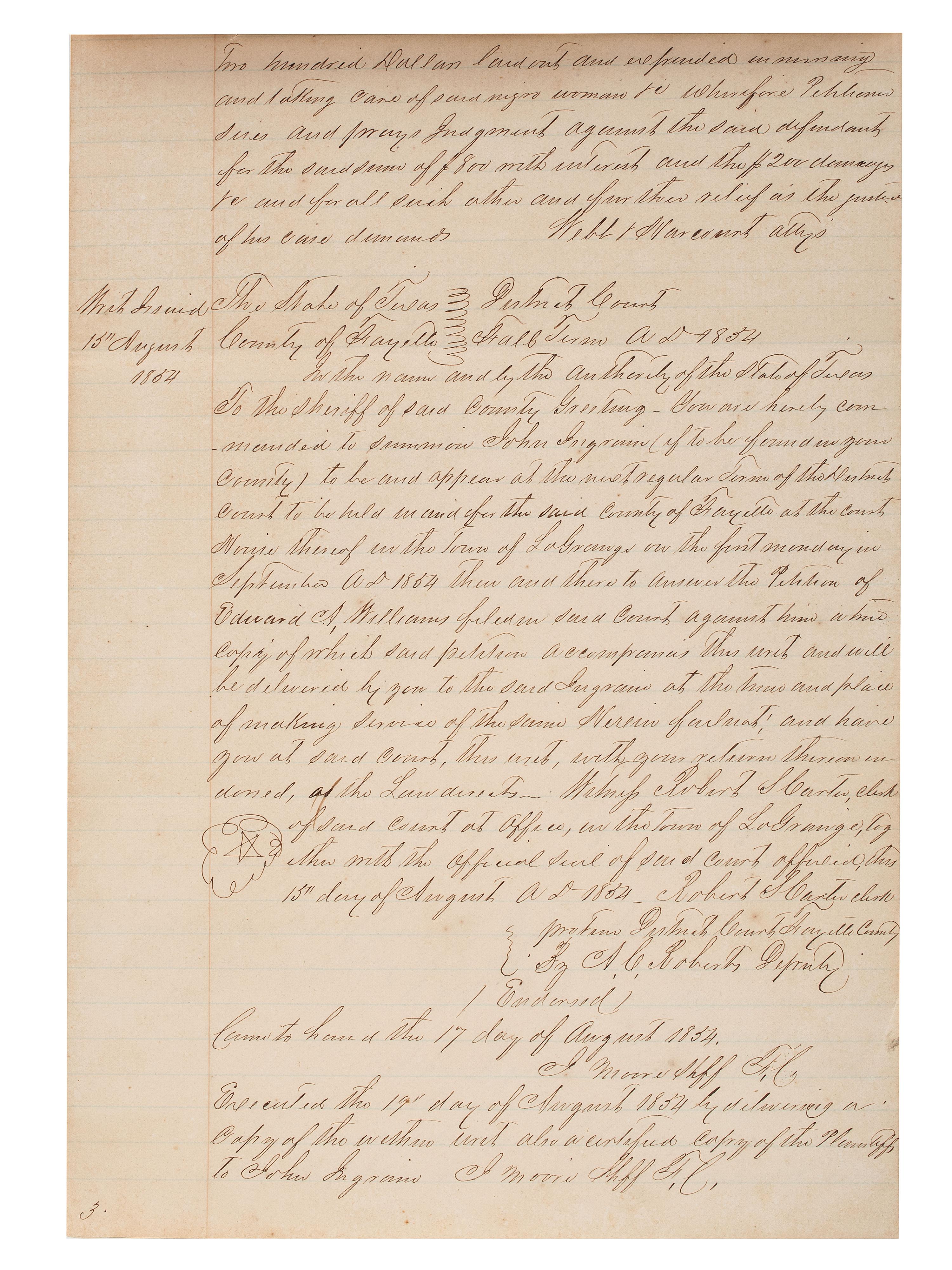 [SLAVERY & ABOLITION]. Manuscript court document related to the sale of an enslaved woman named "Frances," Fayette County, TX, 1857.