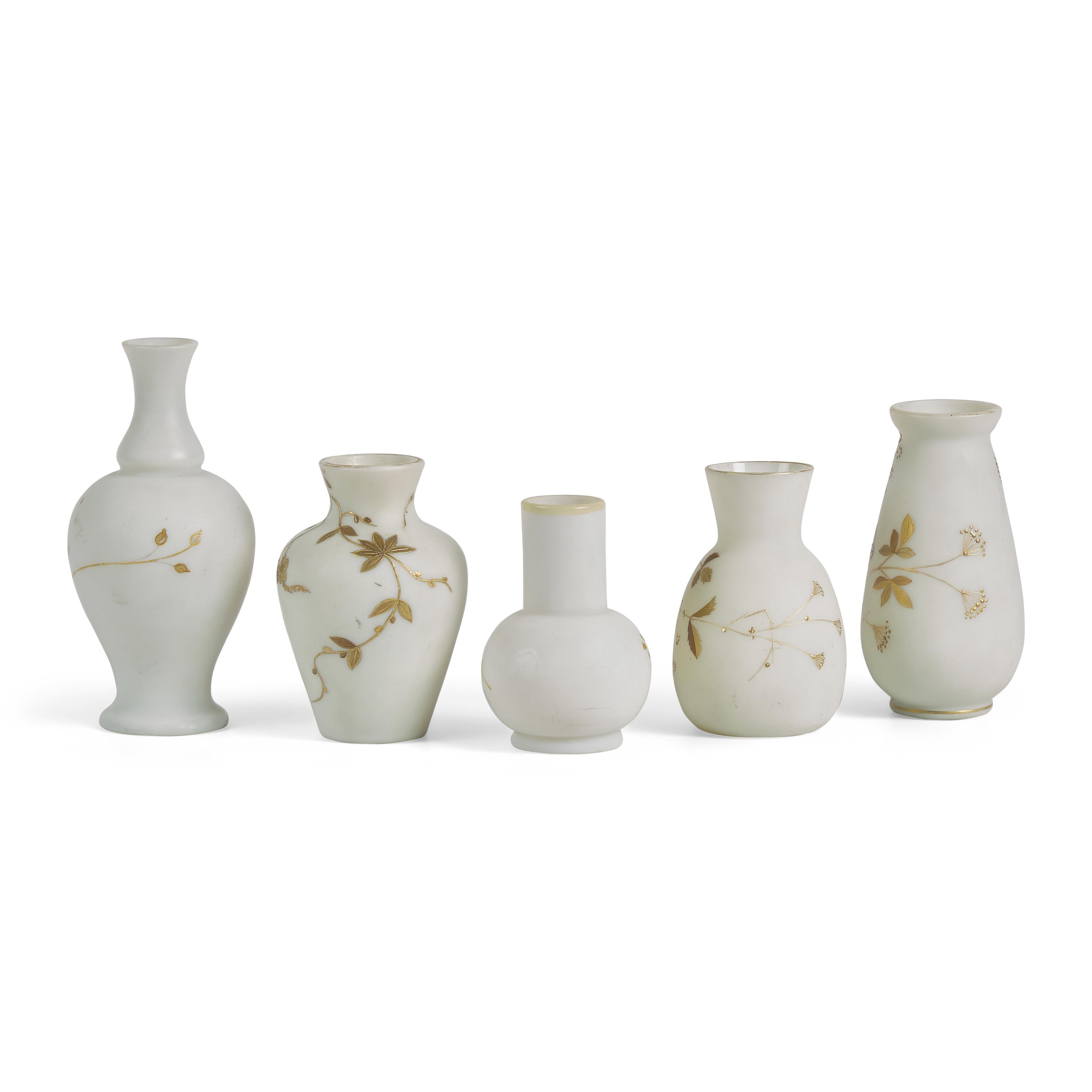 A Set of Five Thomas Webb Parcel-Gilt Milk Glass Holloware