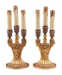 A Pair of Art Deco Gilt Bronze Three-Light Lamps
