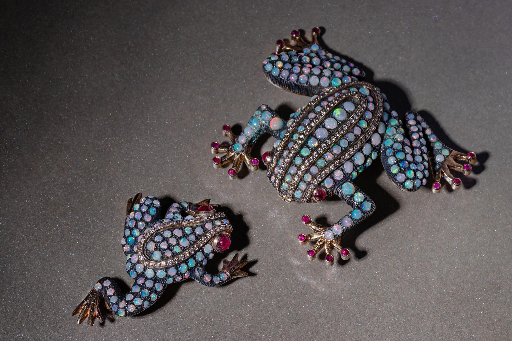 COLLECTION OF OPAL, DIAMOND AND RUBY FROG BROOCHES