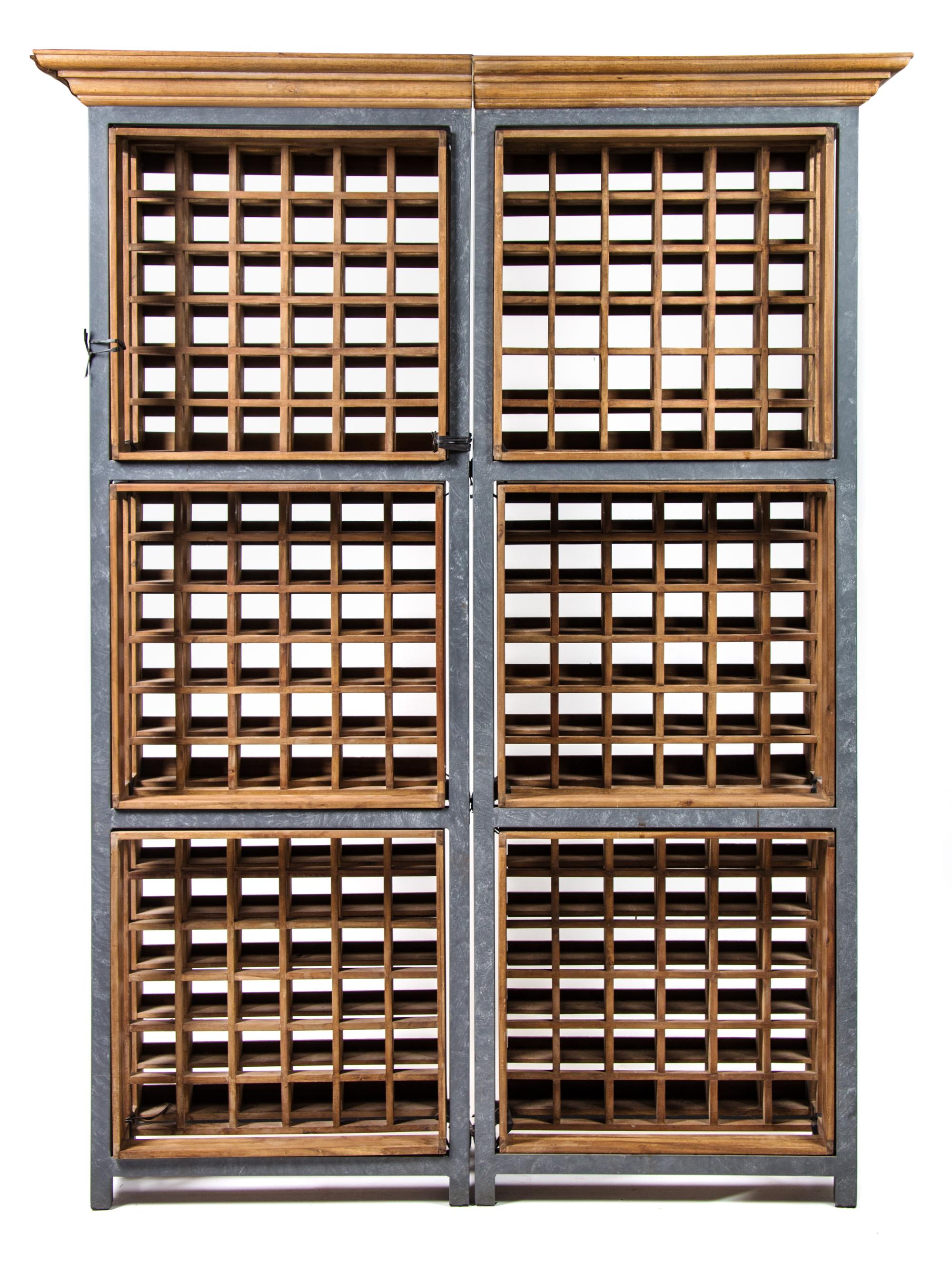 A Pair of Zinc and Mahogany Wine Storage Racks Height 85 x width 27 1/2 x depth 13 inches.