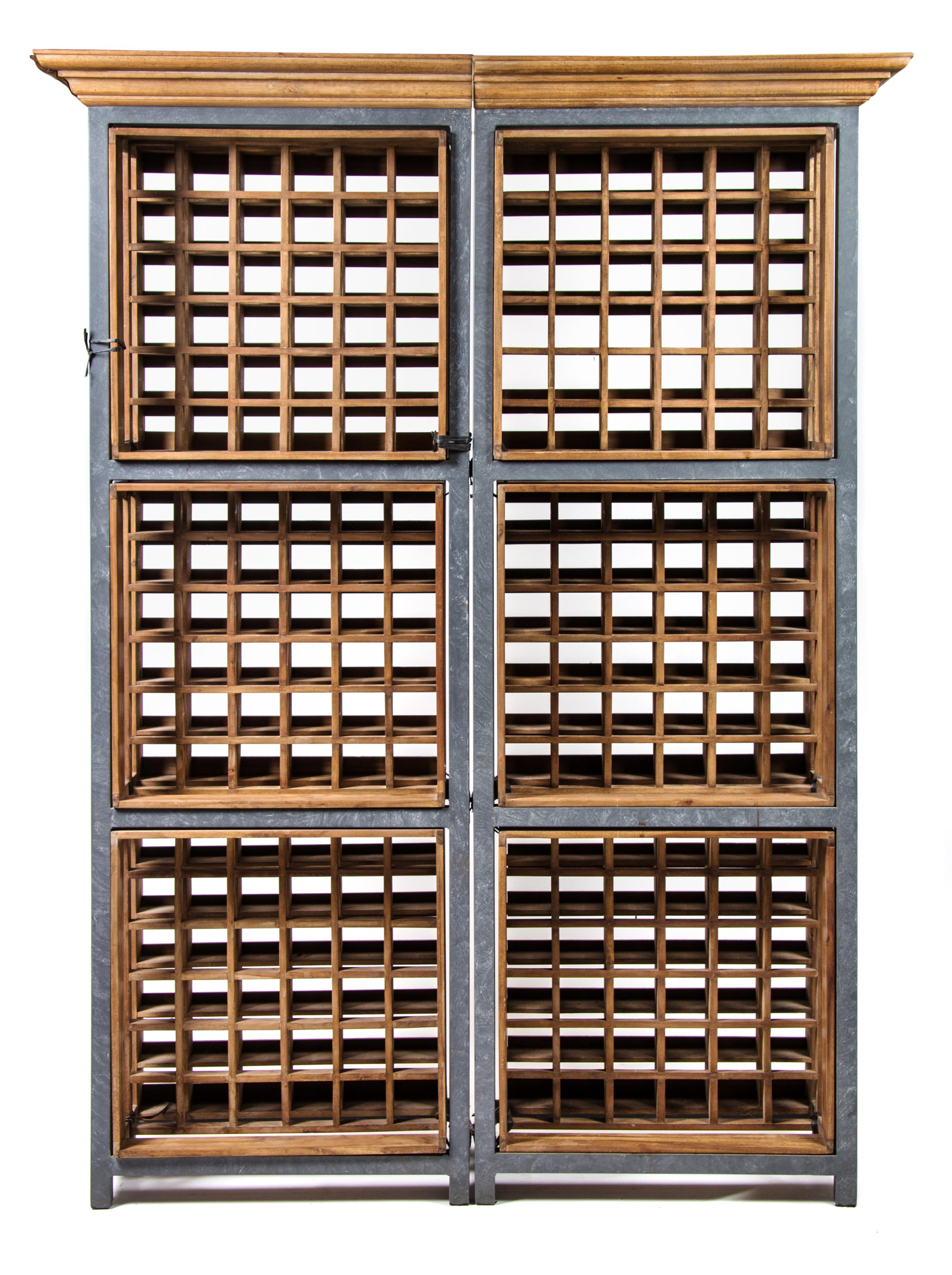A Pair of Zinc and Mahogany Wine Storage Racks Height 85 x width 27 1/2 x depth 13 inches.