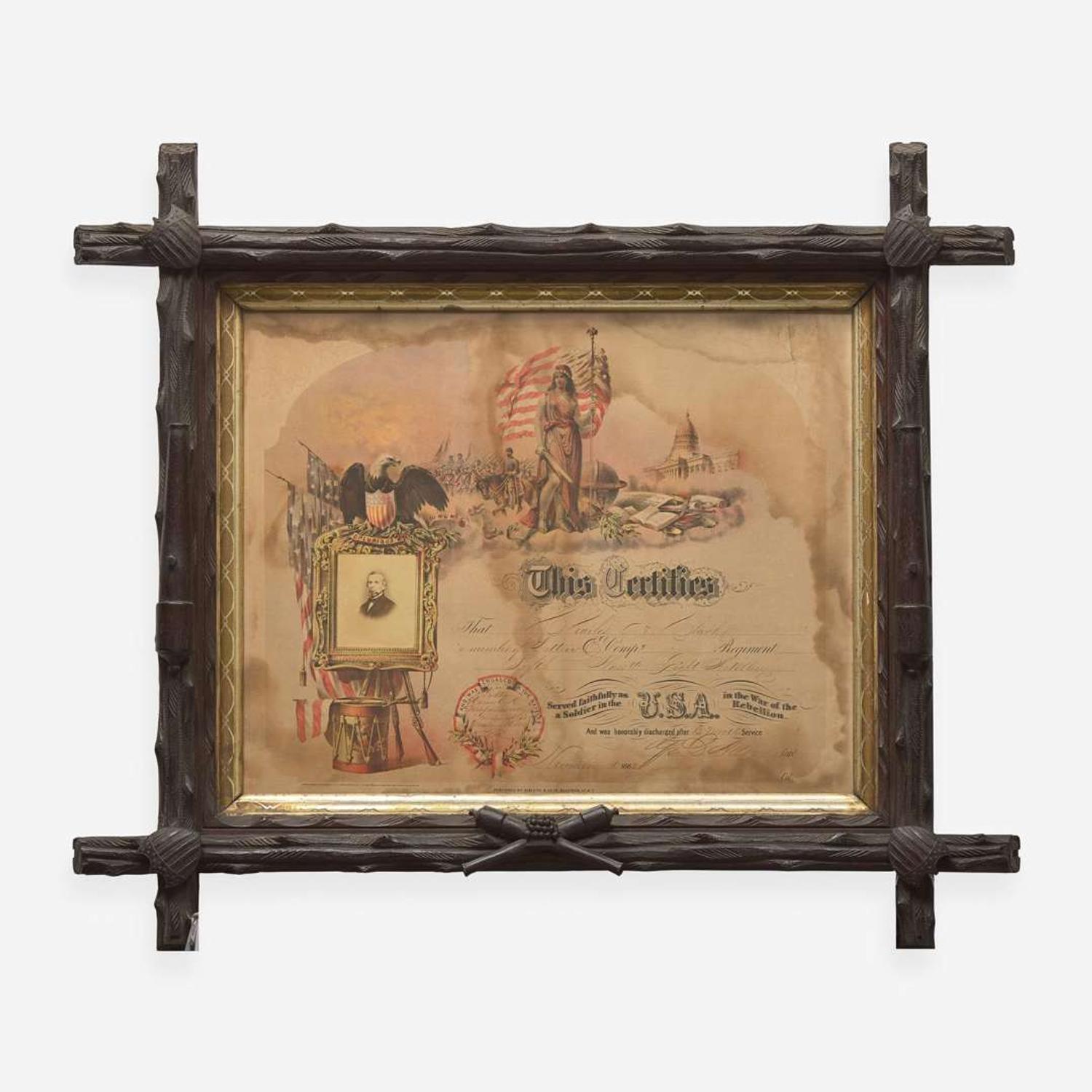[CIVIL WAR]. Folk-art carved frame with discharge for Massachusetts soldier Charles Clark, ca 1865.