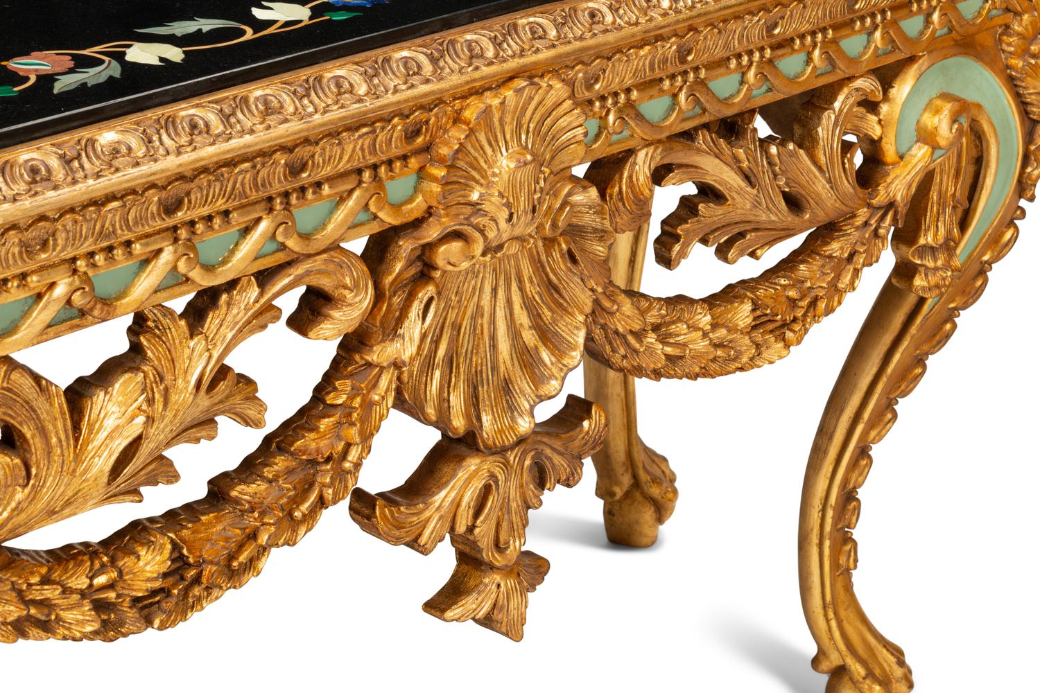 A Pair of Continental Giltwood Console Tables with Pietra Dura Tops