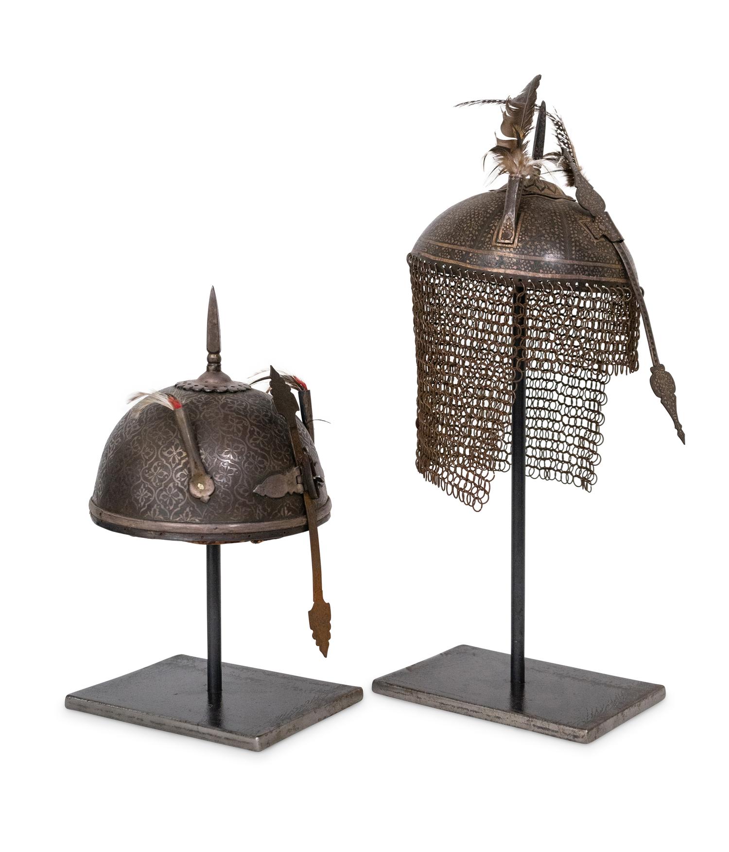 Two Ottoman Style Damascened Steel Helmets