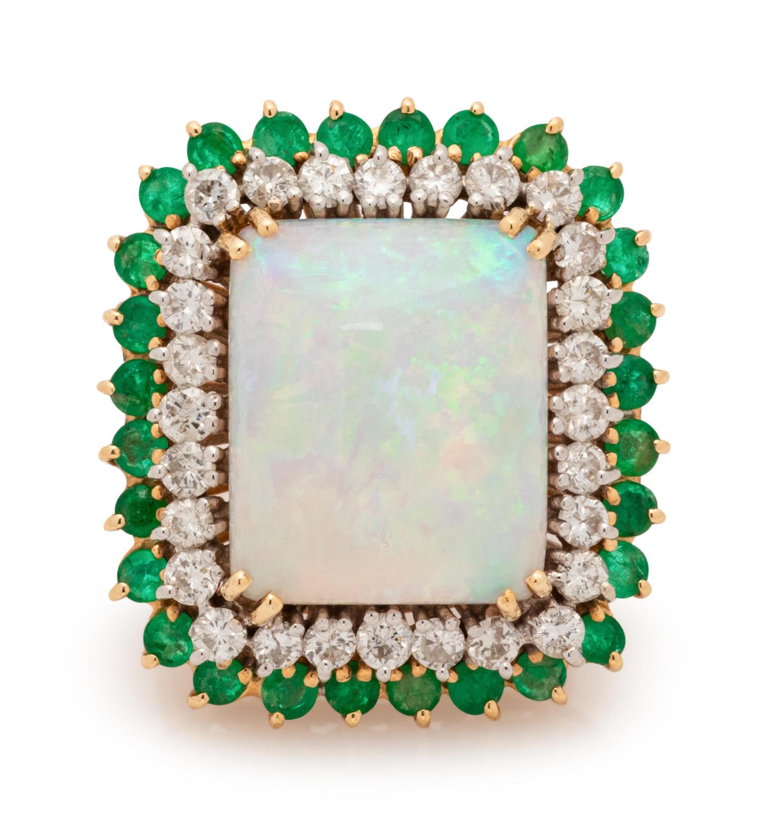 Opal, Diamond and Emerald Ring