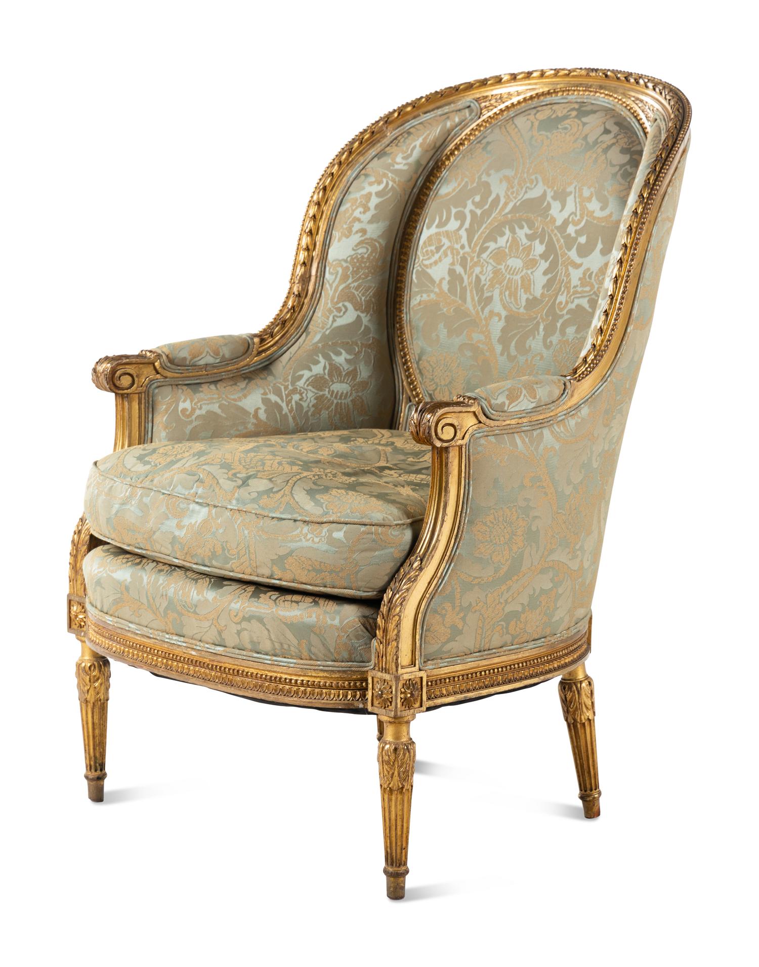 A Pair of Louis XVI Style Damask-Upholstered Giltwood Bergères