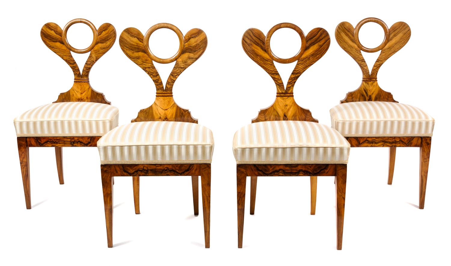 A Group of Four Biedermeier Figured Walnut Side Chairs Height 35 1/2 inches. — LATE 19TH CENTURY