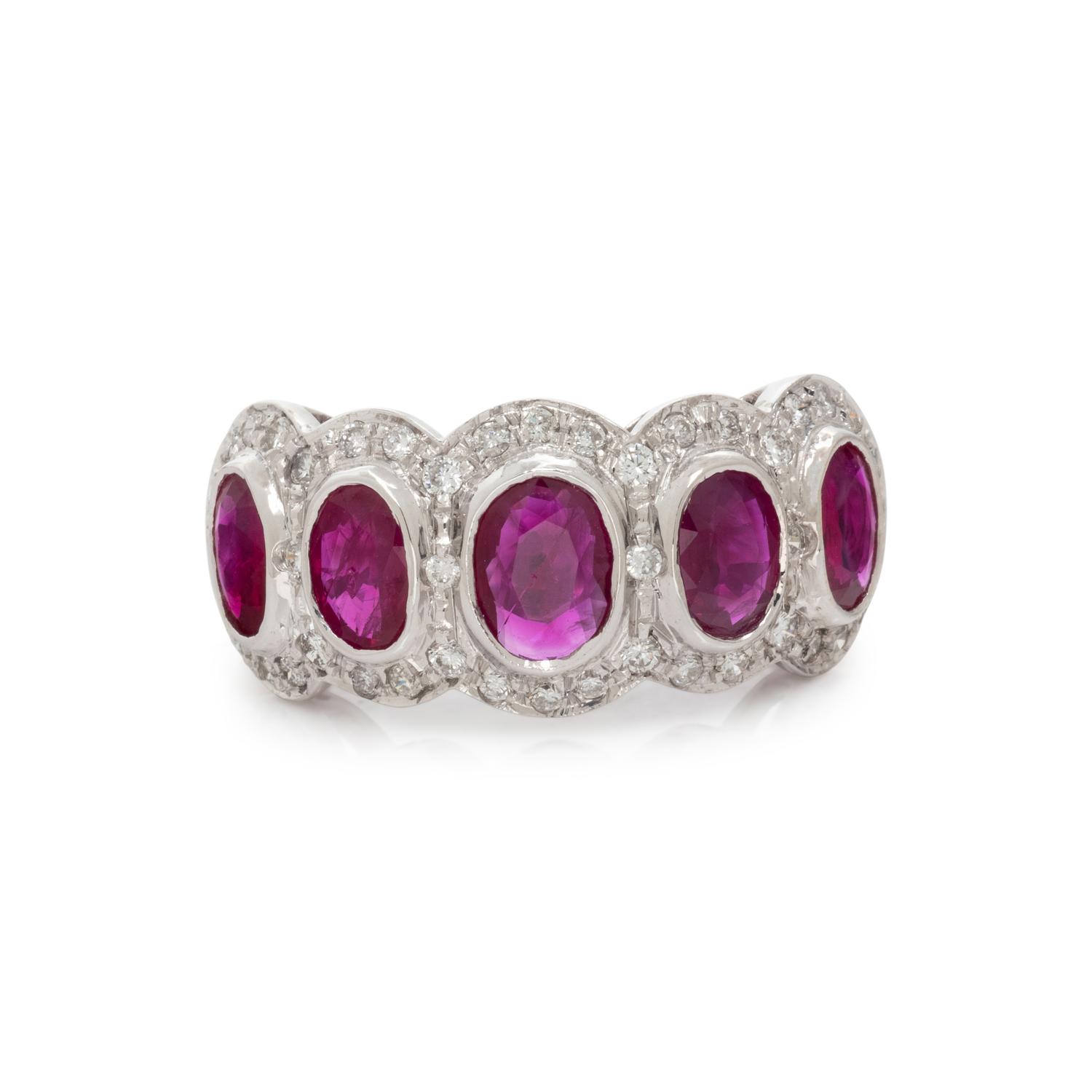 WHITE GOLD, SYNTHETIC RUBY AND DIAMOND RING