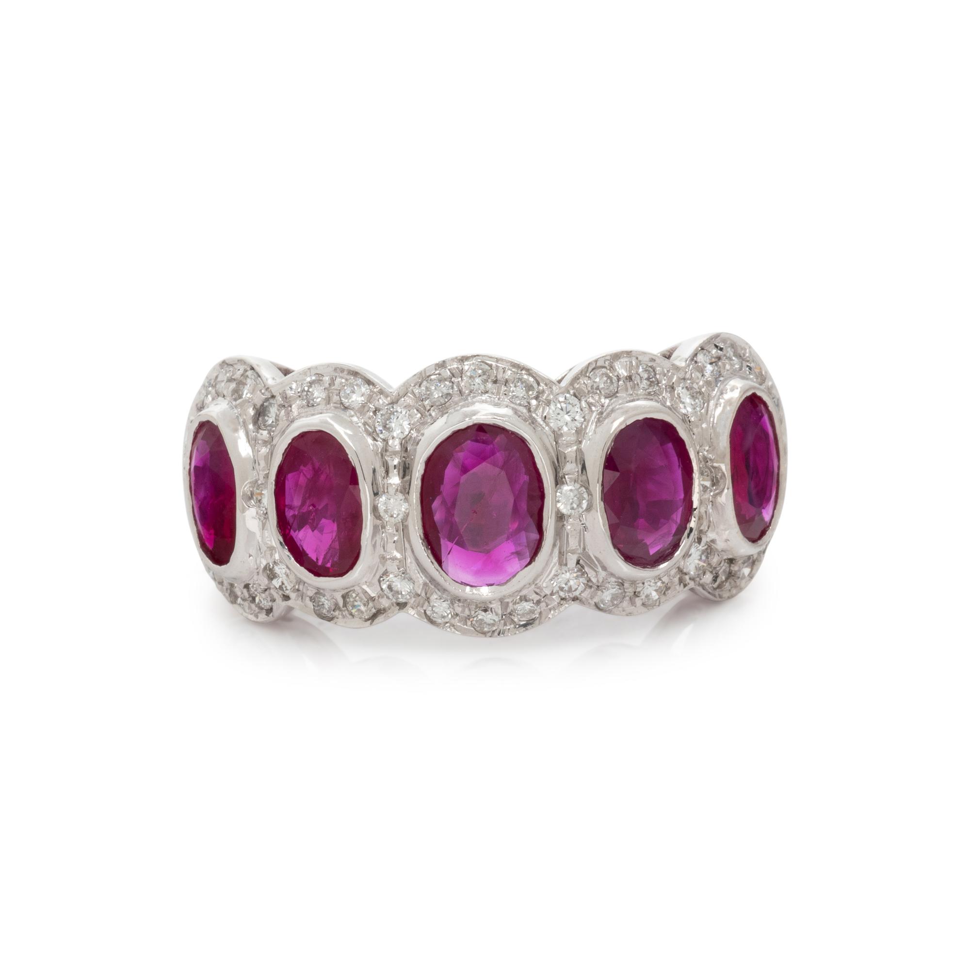 WHITE GOLD, SYNTHETIC RUBY AND DIAMOND RING
