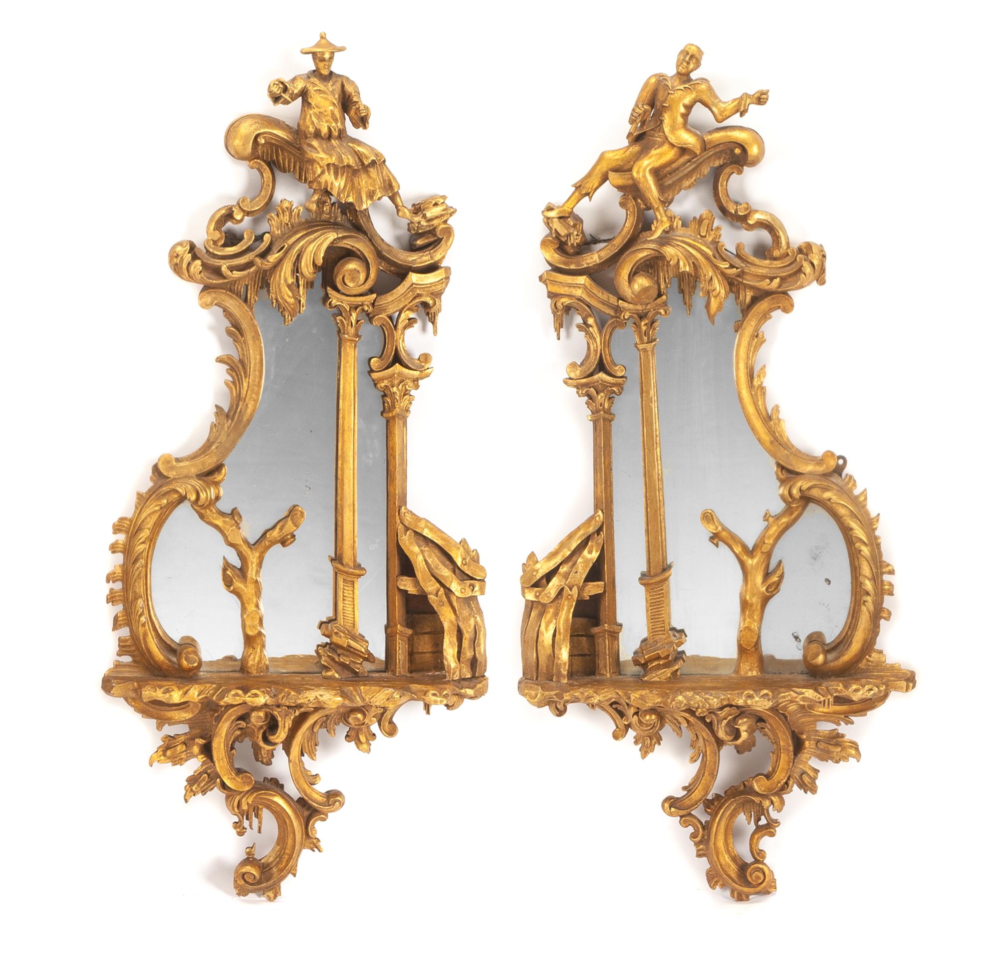 A Pair of Chinese Chippendale Style Giltwood Mirrors Height 44 x width 20 inches. — 19TH CENTURY