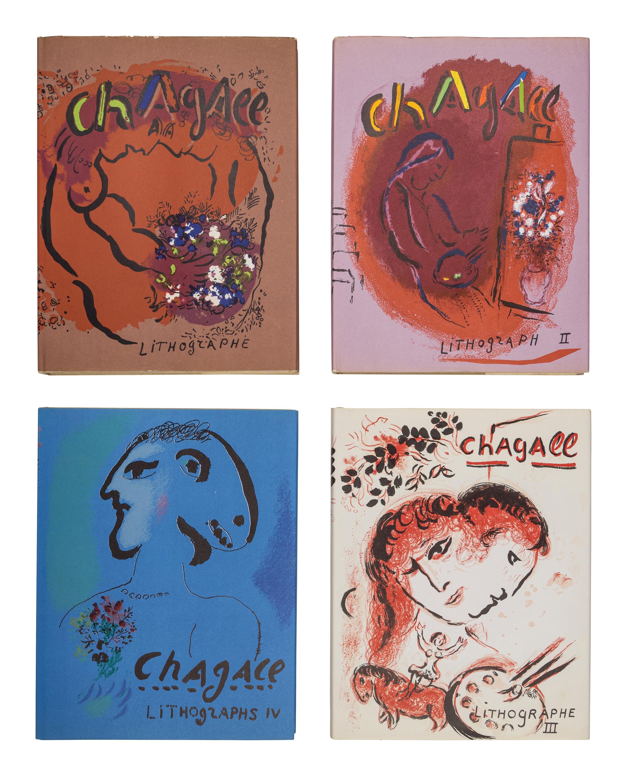 [ARTISTS BOOKS]. CHAGALL, Marc (1887-1985). The Lithographs of Chagall . Vol. I: Monte Carlo and NY: André Sauret and George Braziller, 1960; Vol. II: Monte Carlo and Boston: André Sauret and Boston Book and Art Shop, Inc., 1963; Vol. III: Boston: Boston Book and Art Shop, Inc., 1969; Vol. IV: New York: Crown Publishers, Inc., 1974.