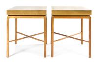 A Pair of Leather and Parchment Veneered End Tables, attributed to Tommy Parzinger Height 28 3/4 x width 23 7/8 x depth 23 7/8 inches.