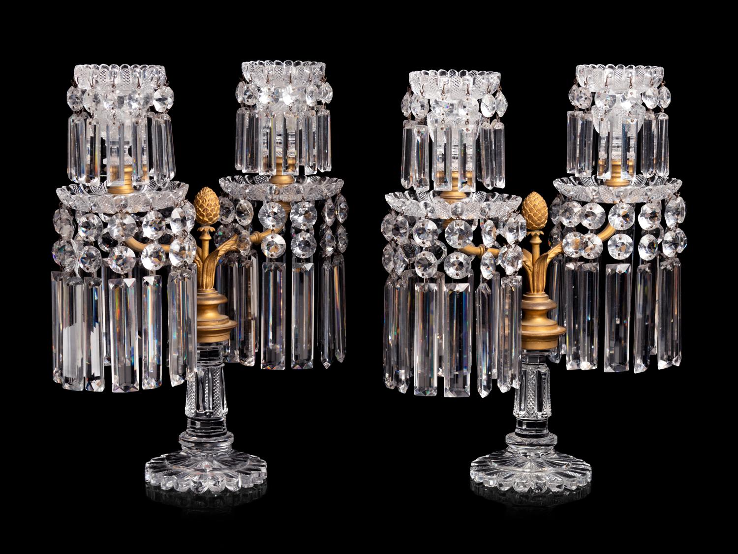 A Pair of French Gilt Bronze and Cut Glass Two-Light Candelabra