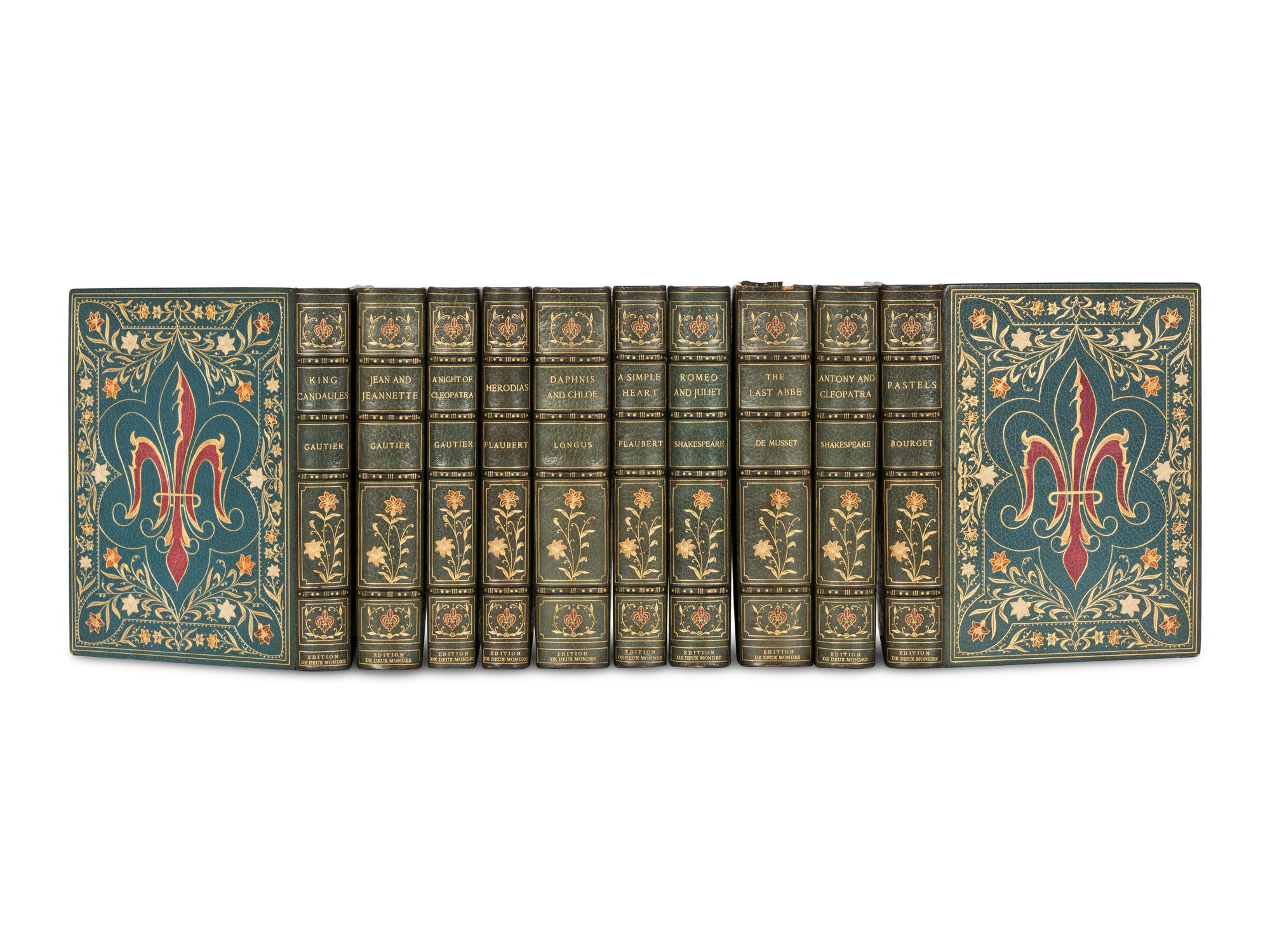 [BINDINGS]. -- [SOCIÉTÉ DES BEAUX ARTS]. BOURGET, Paul (1852-1935). Pastels . -- DE MUSSET, Paul de (1804-1880). The Last Abbé. -- FLAUBERT, Gustave (1821-1880). A Simple Heart . -- Hérodias . -- GAUTIER, Théophile (1811-1872). King Candaules . -- Jean and Jeannette . -- A Night of Cleopatra . -- LONGUS. Daphnis and Chloe . -- SHAKESPEARE, William (1564-1616). Romeo and Juliet . J. Wagrez and Louis Titz, illustrators. -- Antony and Cleopatra . Paris: Société des Beaux Arts, n.d.