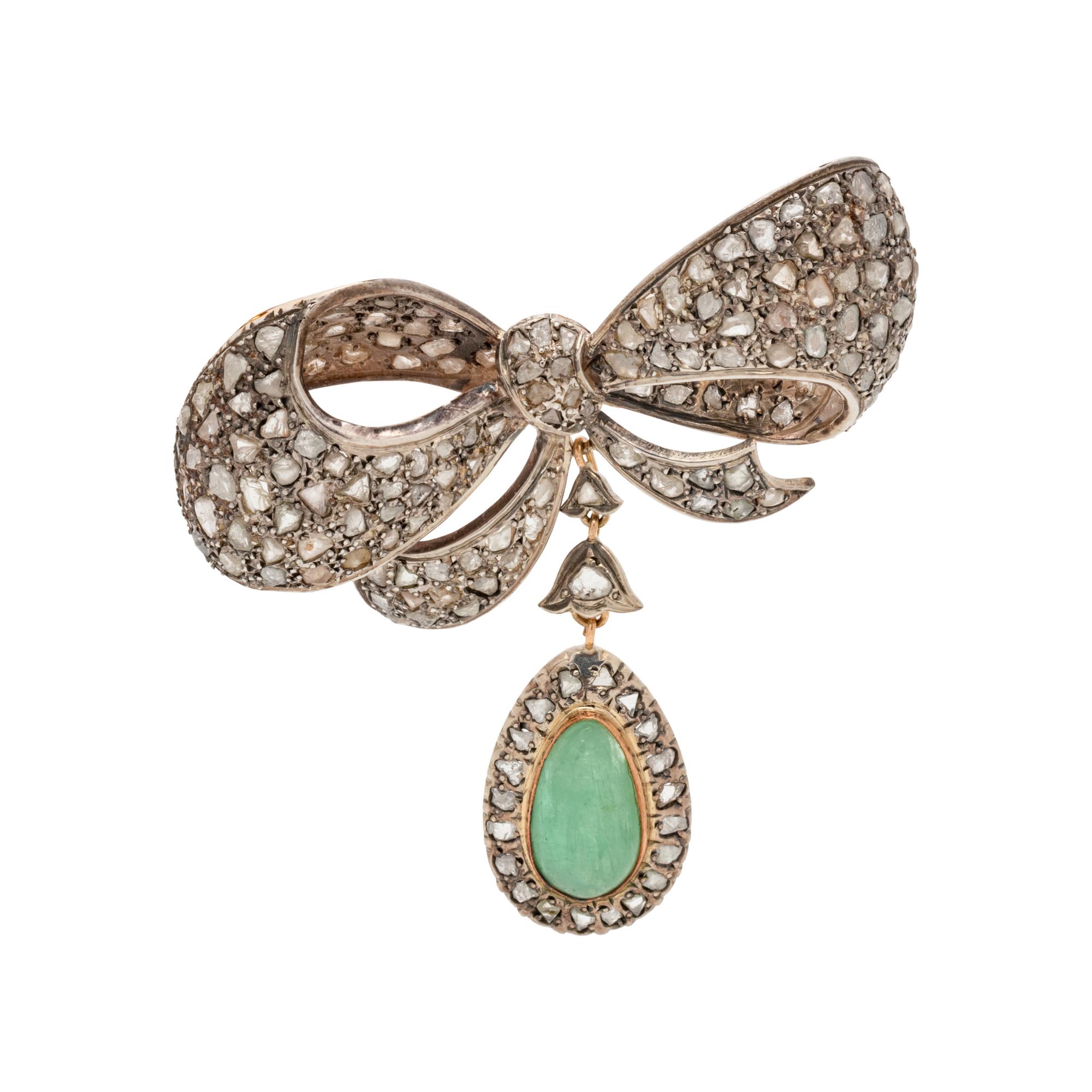DIAMOND AND GREEN BERYL BOW MOTIF BROOCH
