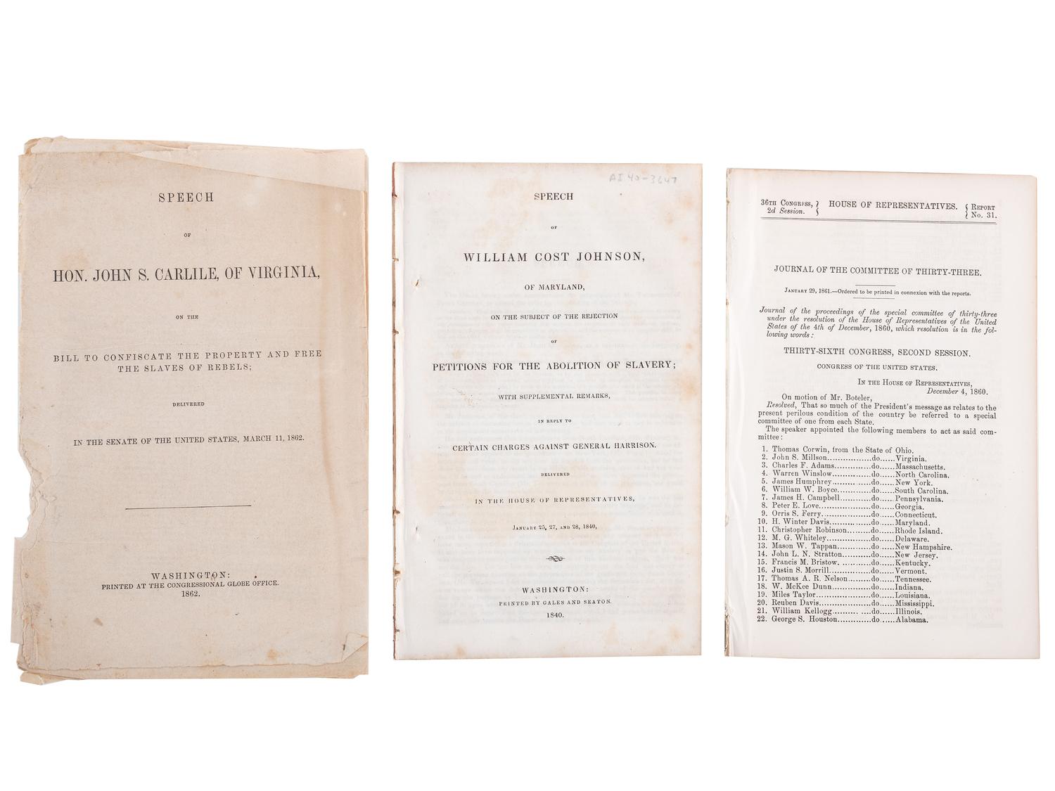[SLAVERY & ABOLITION]. A signed cabinet card of abolitionist Wendell Phillips with 13 abolition-related pamphlets, especially concerning the Confiscation Acts, comprising: