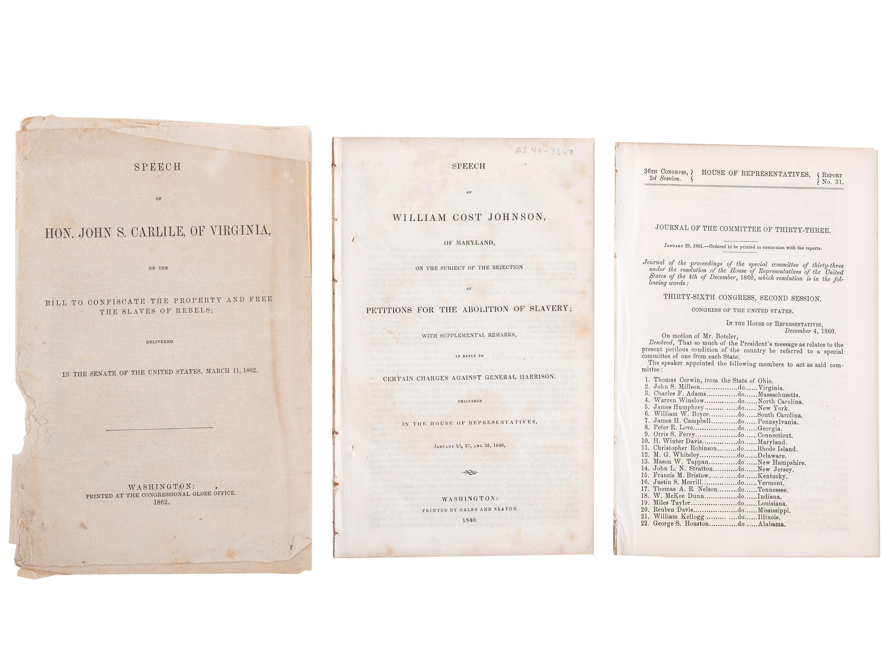 [SLAVERY & ABOLITION]. A signed cabinet card of abolitionist Wendell Phillips with 13 abolition-related pamphlets, especially concerning the Confiscation Acts, comprising: