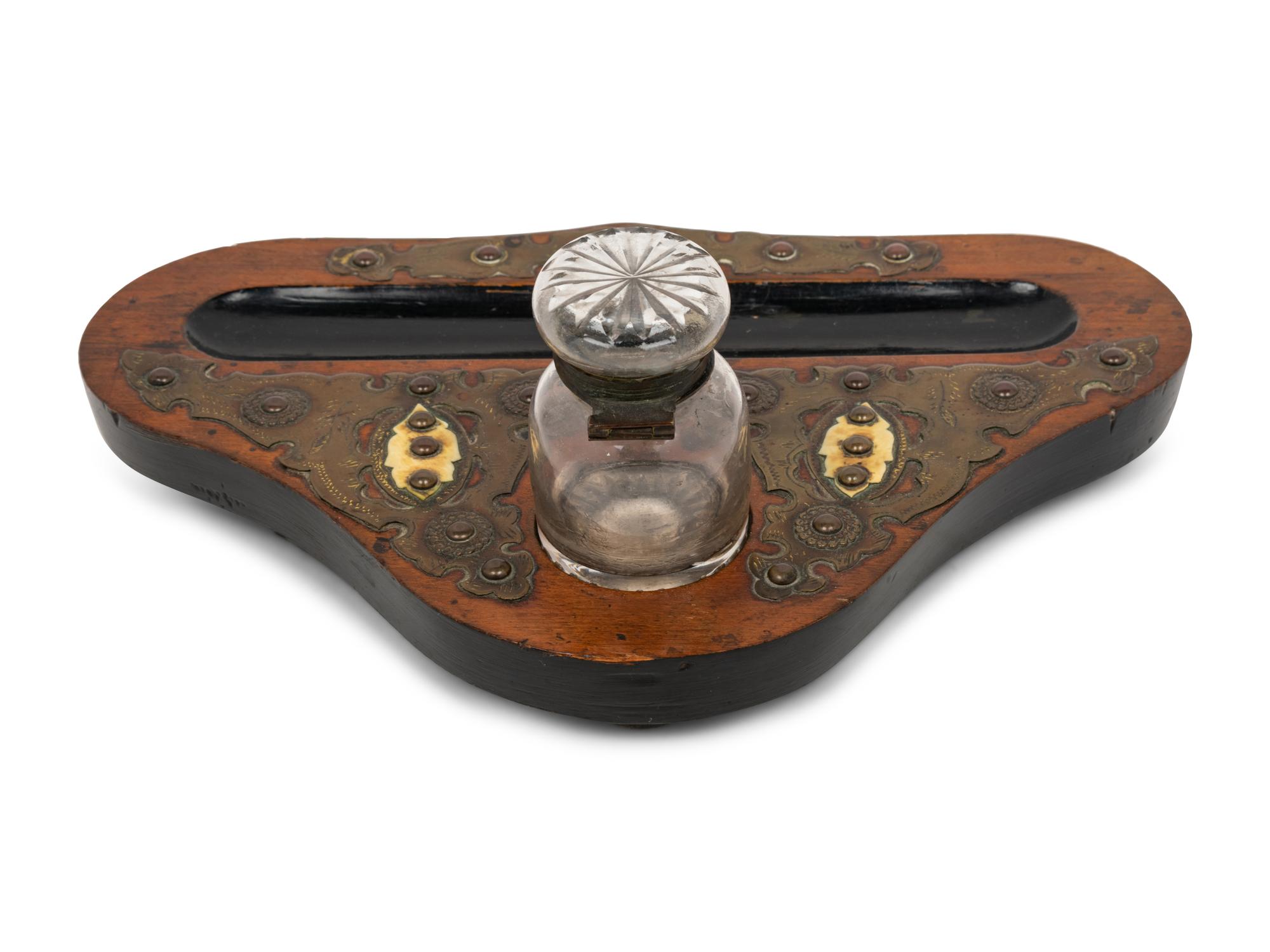 A Victorian Brass-Mounted Walnut Ink Stand