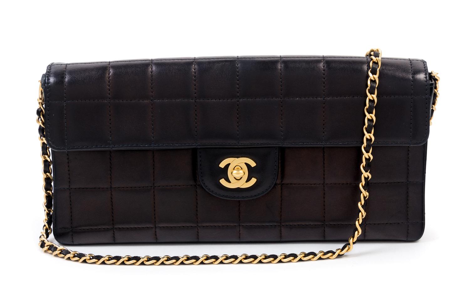 A Chanel Black Lambskin Chocolate Bar Flap Handbag, 10.5" x 5.5" x 1.5"; Strap drop: 12".
