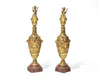 A pair of Renaissance Revival gilt bronze and rouge marble ewers, late 19th century
