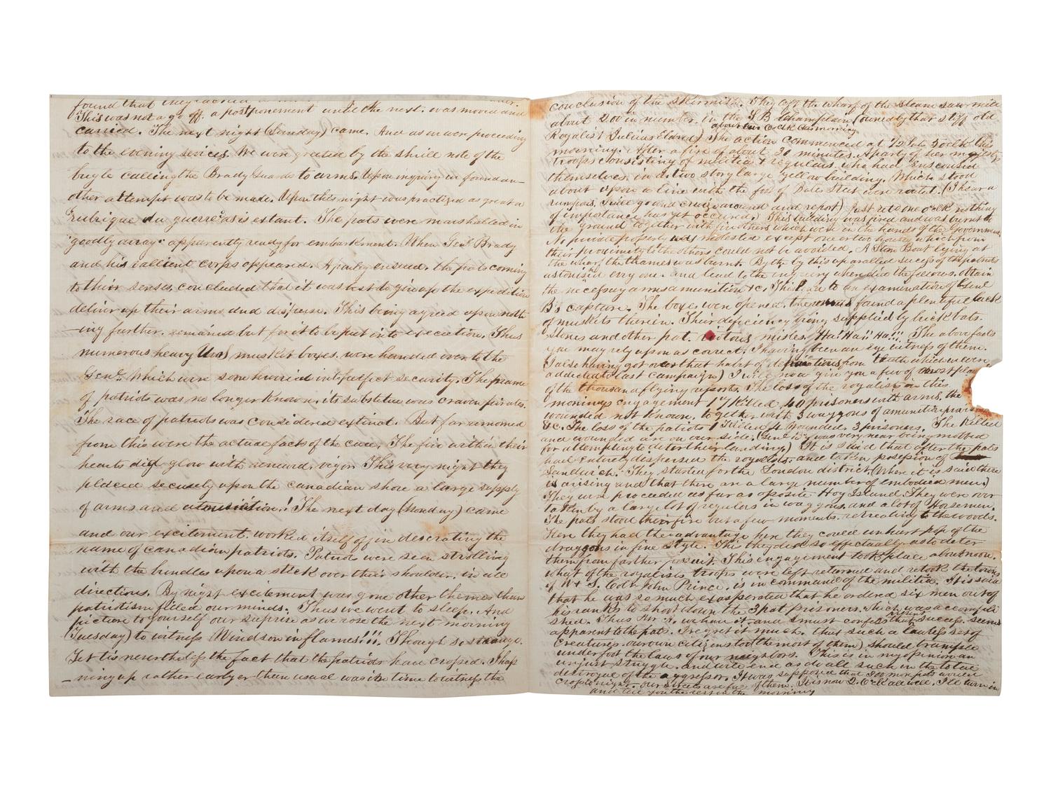 [BATTLE OF WINDSOR]. McNAIR, D. A. Autograph letter signed ("D. A. McNair") to Mr. A. Kerly. Detroit (opposite) the Head Quarters of the Patriot Army, 4 December [1838], 12:00pm.