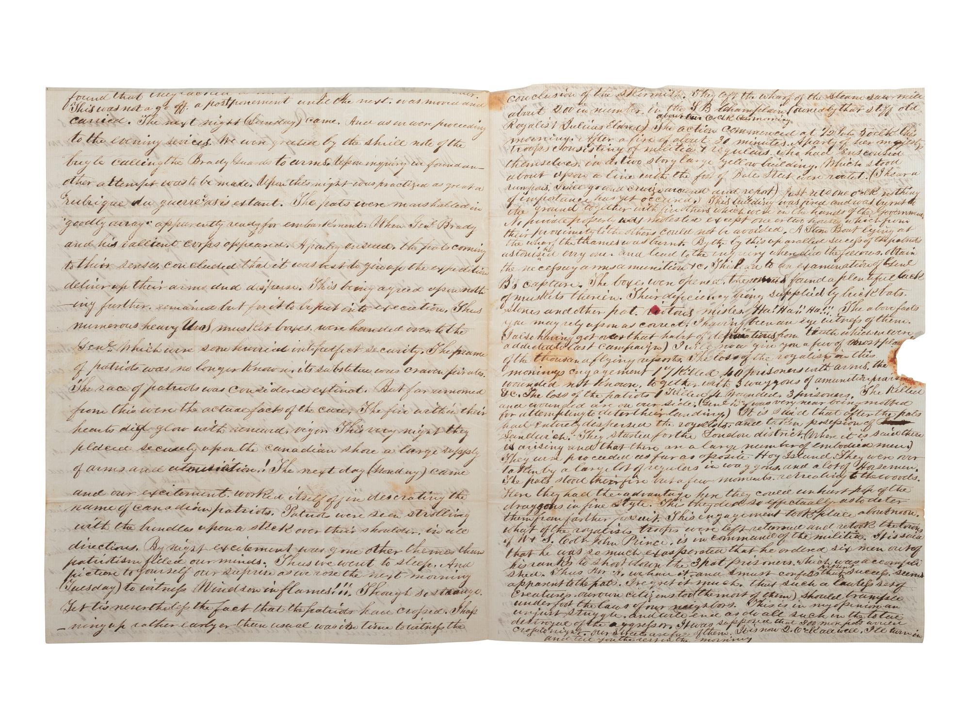 [BATTLE OF WINDSOR]. McNAIR, D. A. Autograph letter signed ("D. A. McNair") to Mr. A. Kerly. Detroit (opposite) the Head Quarters of the Patriot Army, 4 December [1838], 12:00pm.