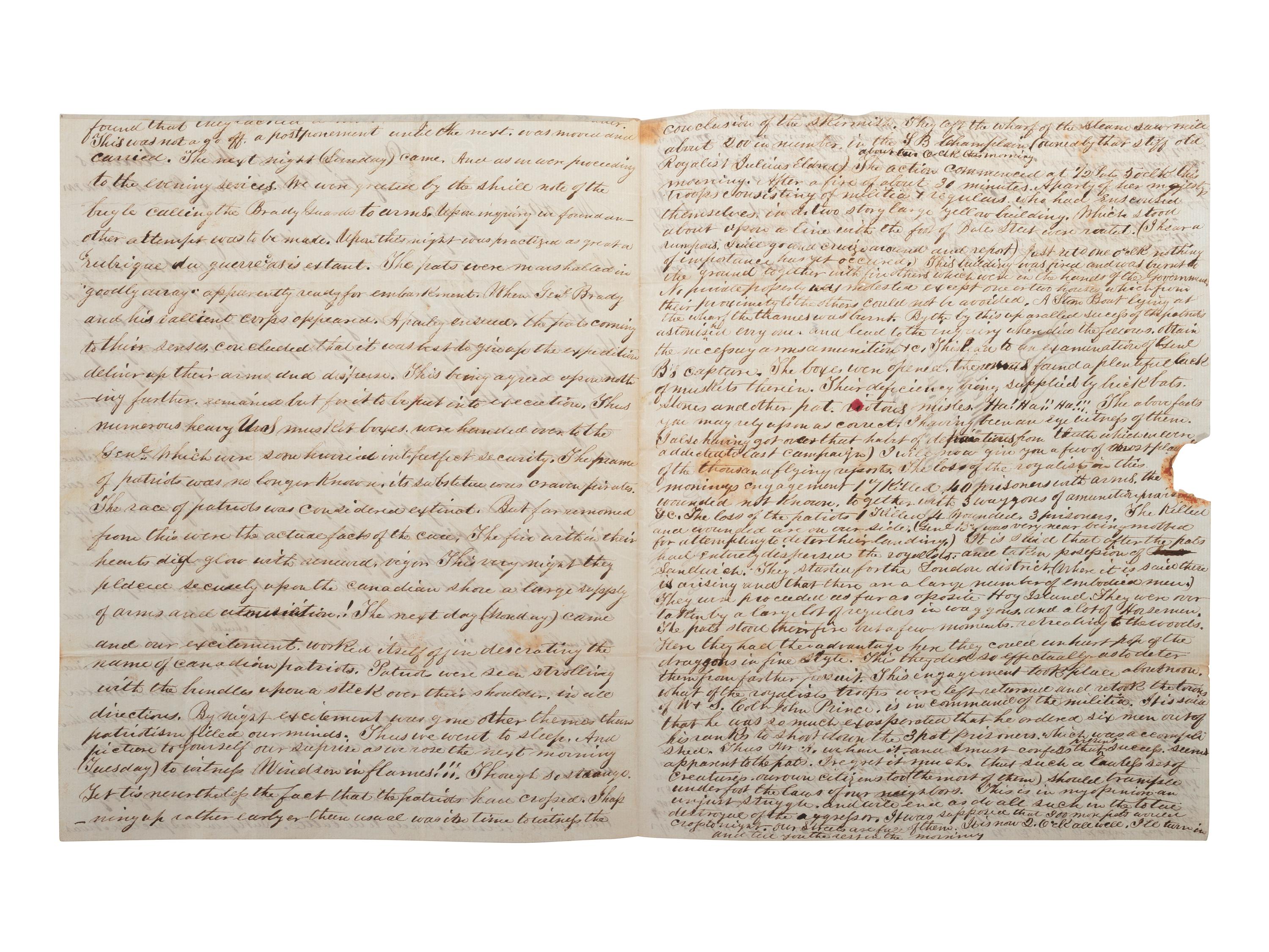 [BATTLE OF WINDSOR]. McNAIR, D. A. Autograph letter signed ("D. A. McNair") to Mr. A. Kerly. Detroit (opposite) the Head Quarters of the Patriot Army, 4 December [1838], 12:00pm.