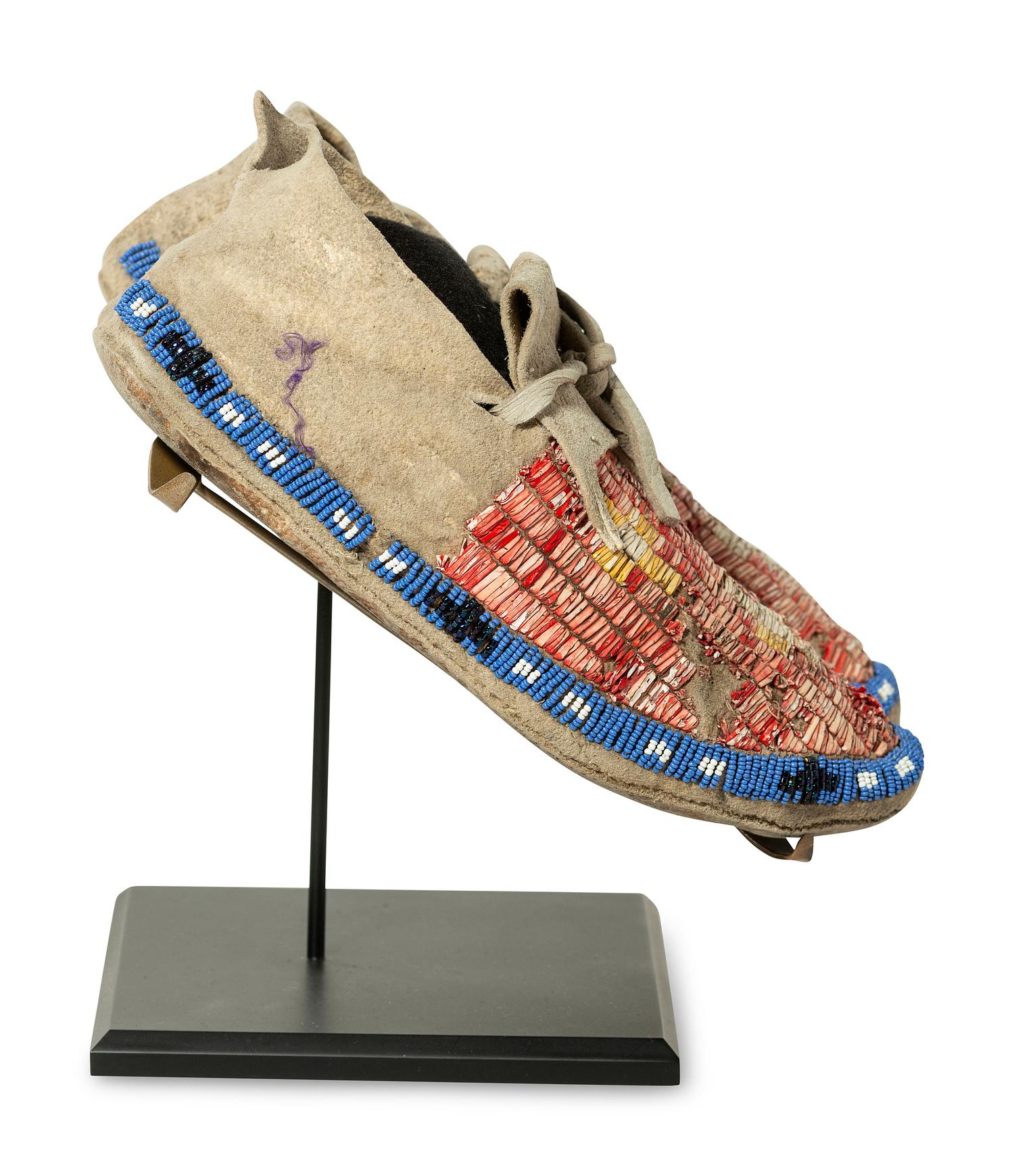 Northern Plains Quilled and Beaded Hide Moccasins