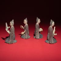 Four Chinese Painted Pottery Musicians, Northern Wei-Northern Qi Dynasty — 北魏晚期-北齊 灰陶彩繪伎樂俑一組四件