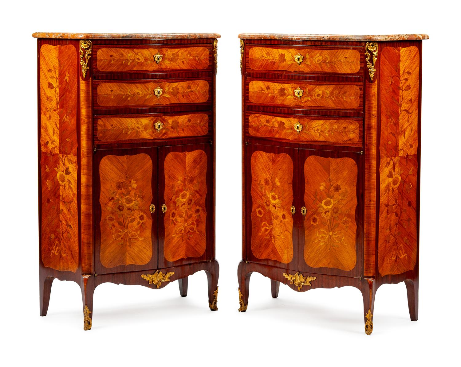 A Pair of Louis XV Style Marquetry Tall Chests