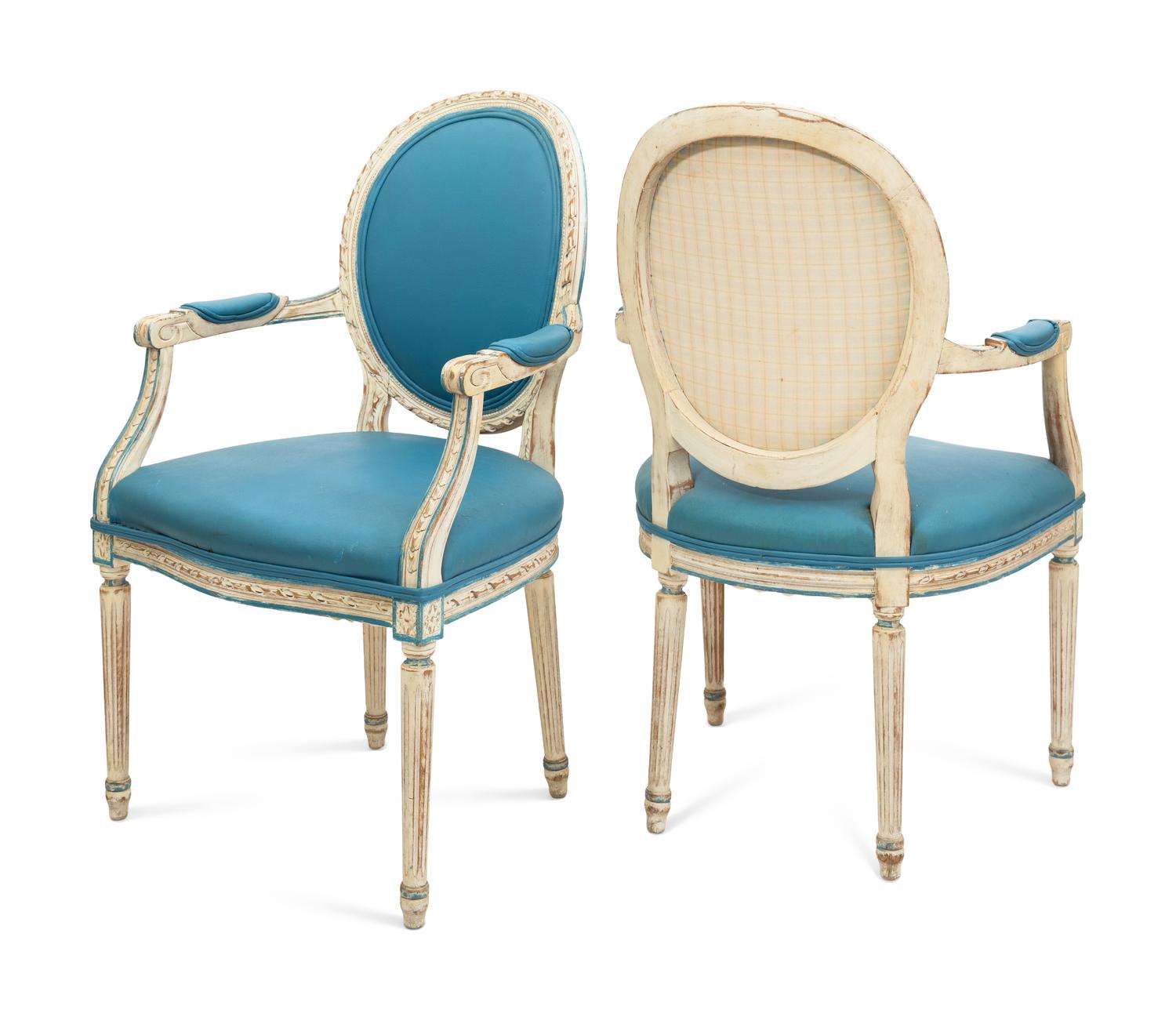 A Pair of Louis XVI Style White-Painted Medallion-Back Fauteuils
